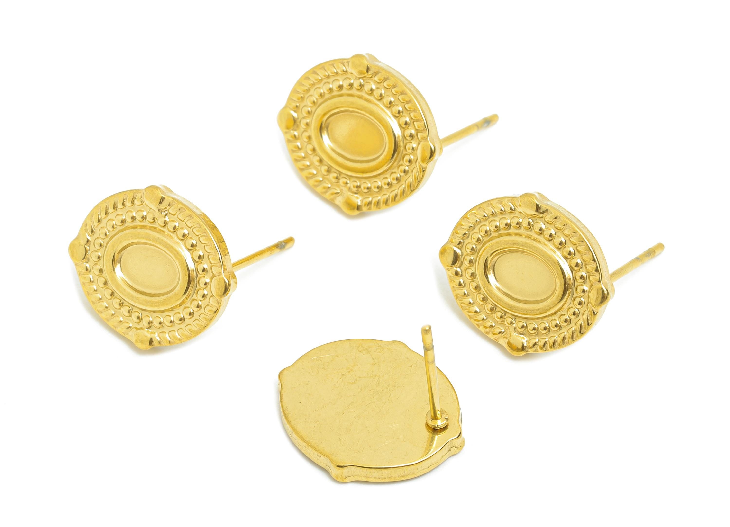 Oval Bezel Stud Earring - Steel Vintage Earring Post - Boho Chic Earring Component - Oval Cabochon Earring Setting - 15x12x2.18mm - SS2182G - DOMEDBAZAAR