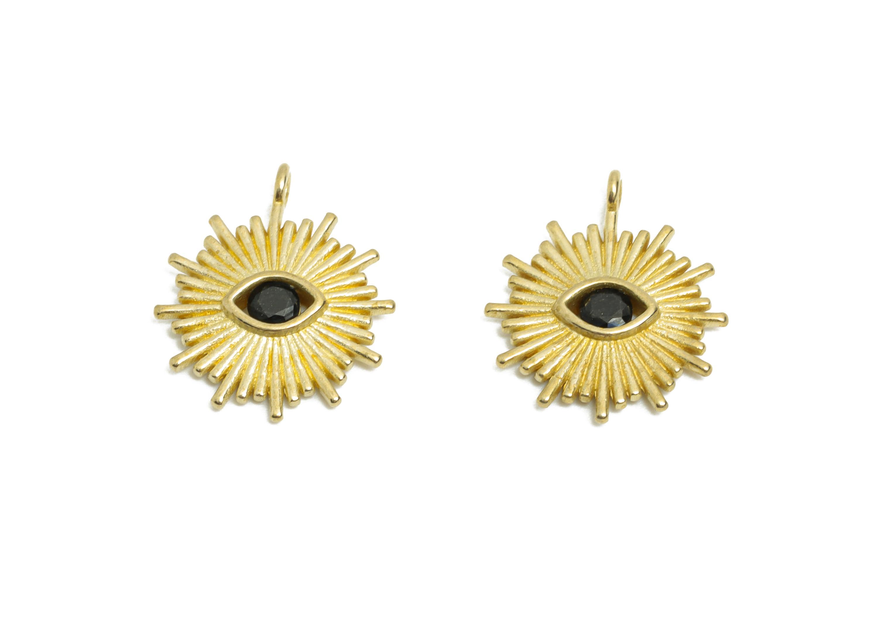 Evil Eye Sunburst Pendant - Raw Brass Sun Ray Eye Charm - Brass Zircon Radiant Eye Protection Charm - for DIY Jewelry - 13x11x2mm - PP11369 - DOMEDBAZAAR