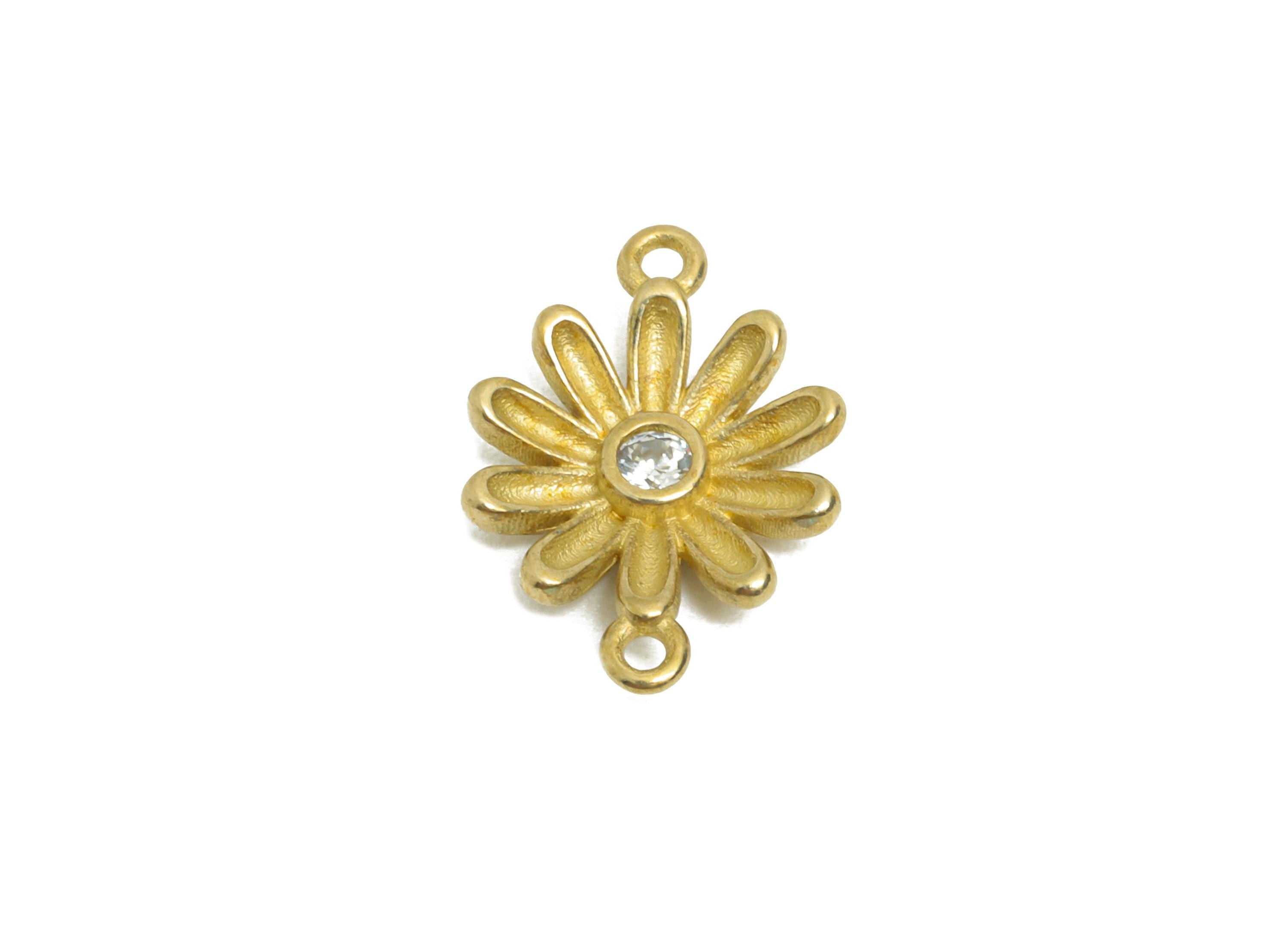 CZ Daisy Connector Charm - Raw Brass Handmade Flower Jewelry - Brass Zircon Radiant Floral Charm - for DIY Jewelry - 13x9x2.56mm - PP11242 - DOMEDBAZAAR