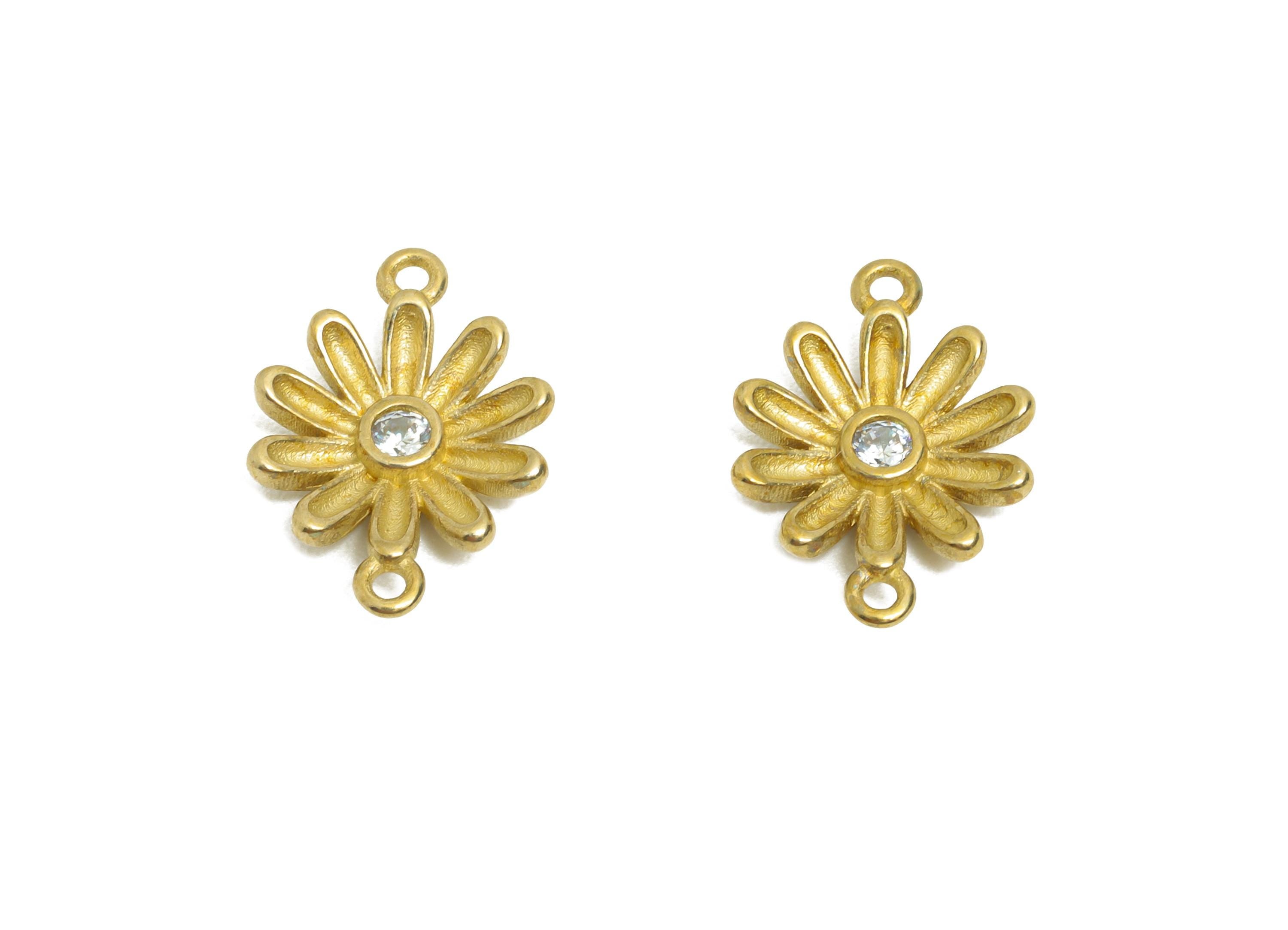 CZ Daisy Connector Charm - Raw Brass Handmade Flower Jewelry - Brass Zircon Radiant Floral Charm - for DIY Jewelry - 13x9x2.56mm - PP11242 - DOMEDBAZAAR