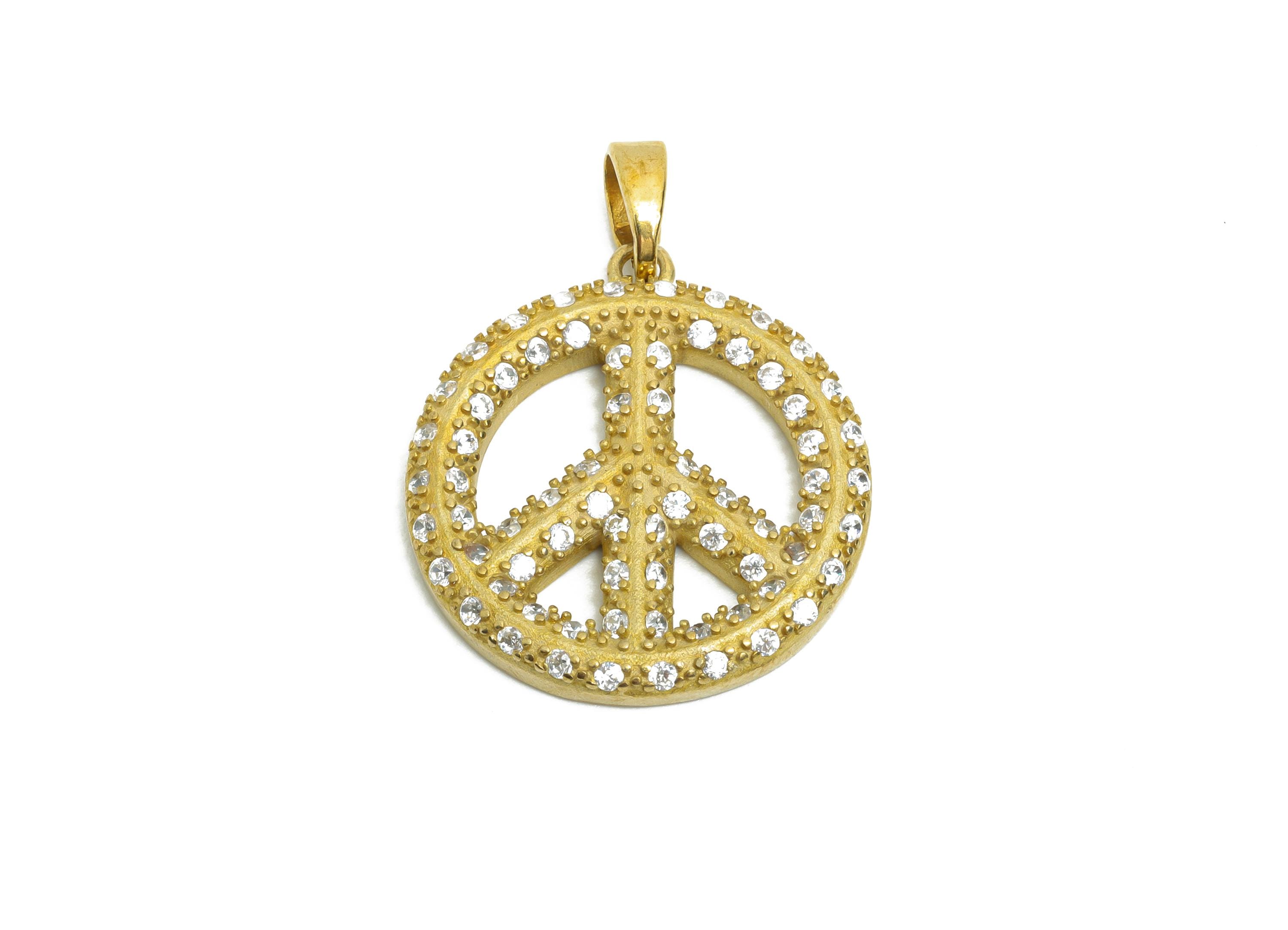 Zircon Peace Symbol Pendant - Raw Brass Vintage Hippie Pendant - Brass Round Peace Pendant With Bail - Diy For Necklace - 26x19x2mm -PP11226 - DOMEDBAZAAR
