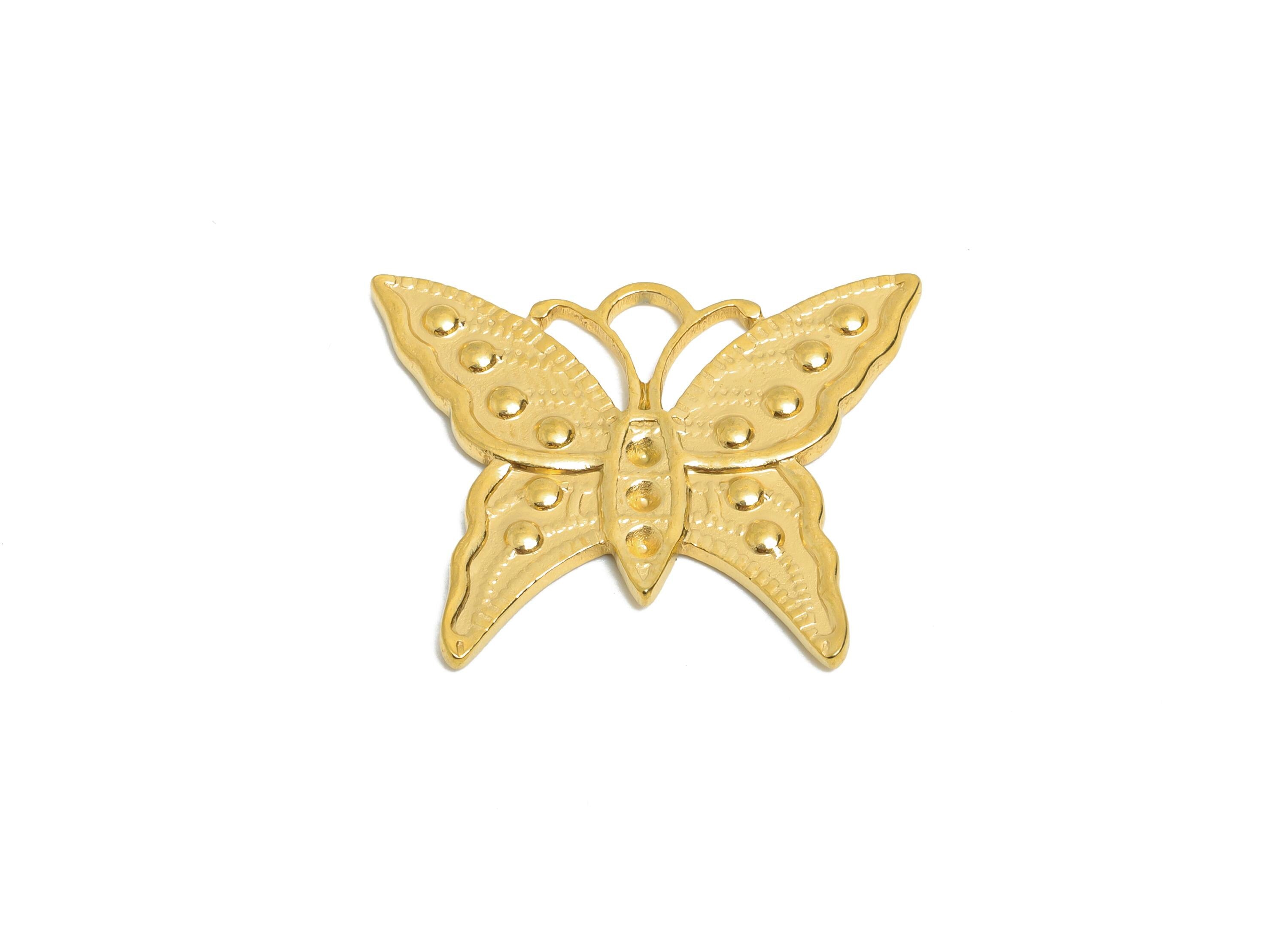 Steel Butterfly Charm - Textured Insect Charm - Detailed Steel Butterfly Pendant for Necklace - 18K Gold Plated - 19.66x24.2x1.57mm - SS2355 - DOMEDBAZAAR