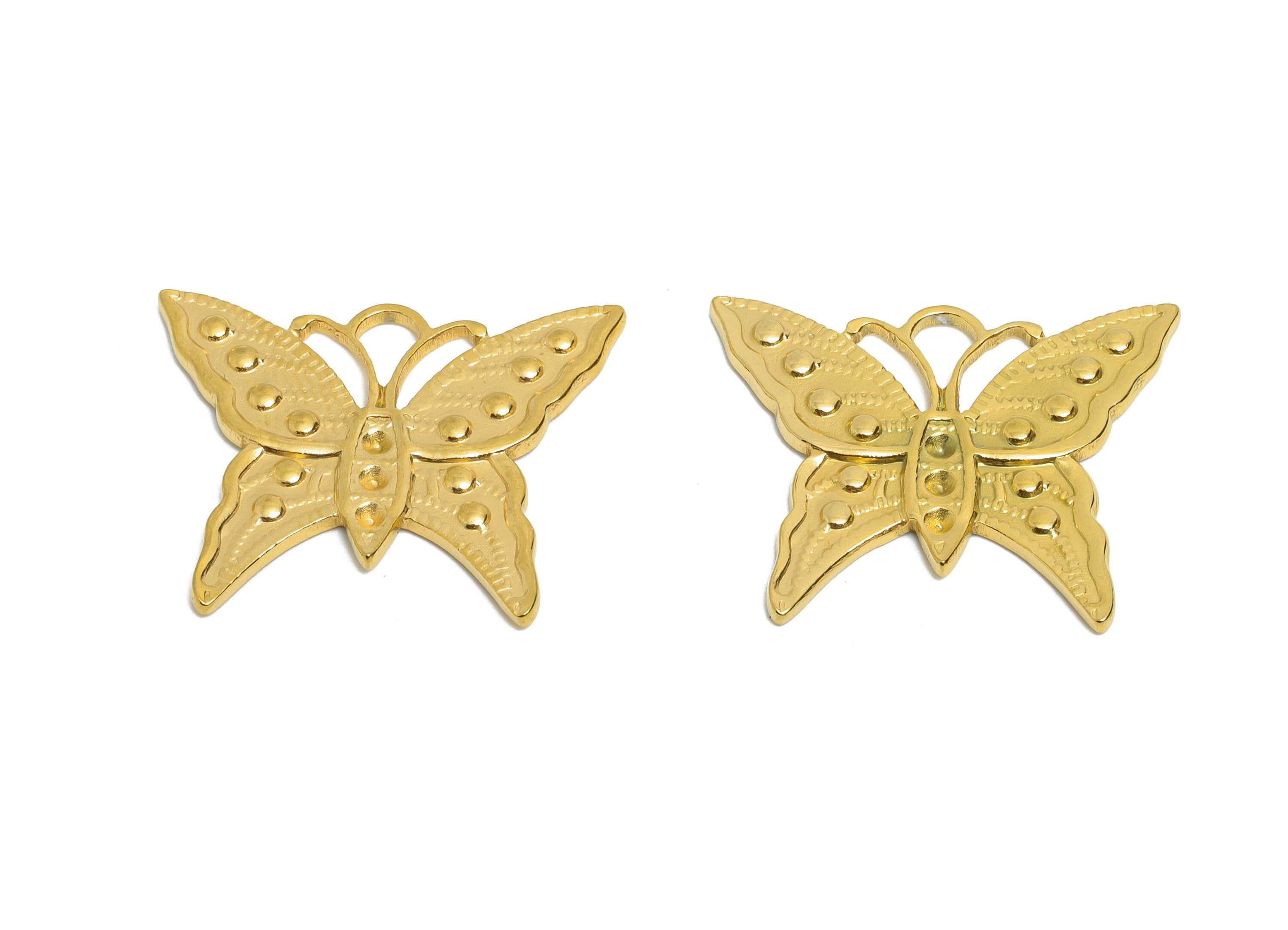 Steel Butterfly Charm - Textured Insect Charm - Detailed Steel Butterfly Pendant for Necklace - 18K Gold Plated - 19.66x24.2x1.57mm - SS2355 - DOMEDBAZAAR