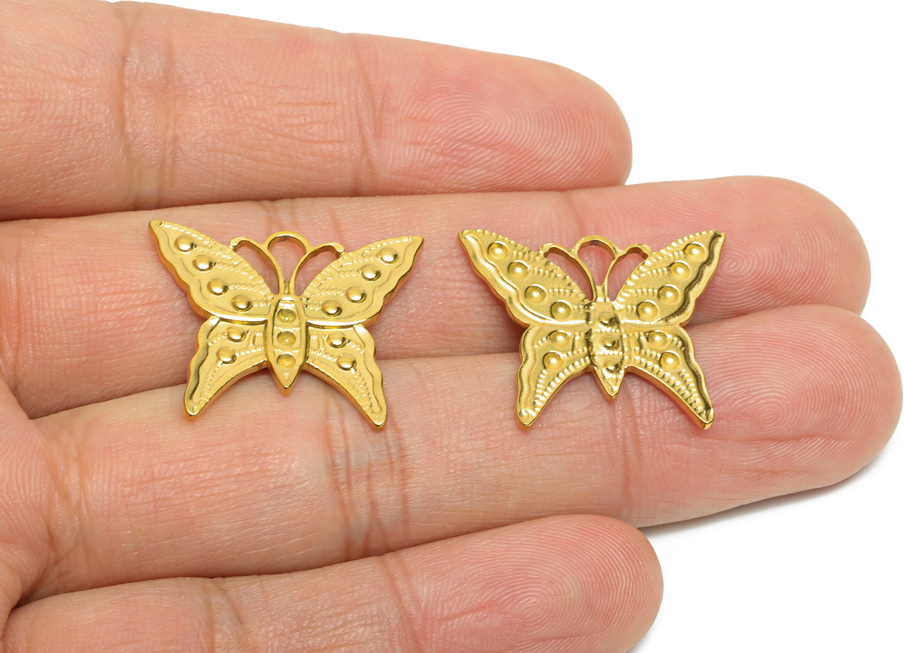 Steel Butterfly Charm - Textured Insect Charm - Detailed Steel Butterfly Pendant for Necklace - 18K Gold Plated - 19.66x24.2x1.57mm - SS2355 - DOMEDBAZAAR