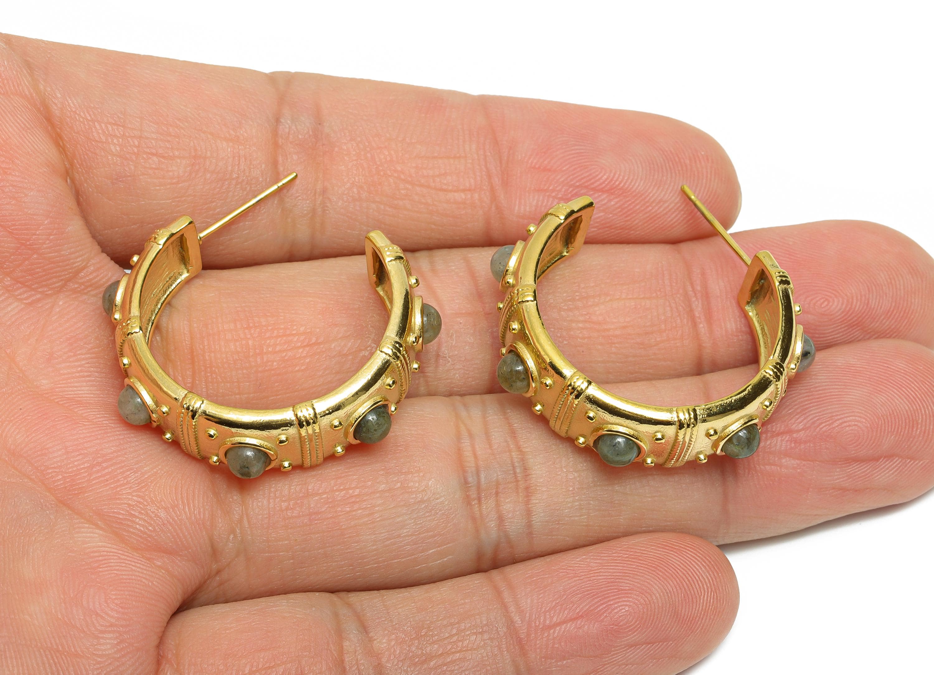 Labradorite C Hoop Studs - Ancient Roman Style - Greek Vintage Style - Steel Natural Stone Post - 18K Gold Plated - 31.75x9x2.68mm -SS2247 - DOMEDBAZAAR