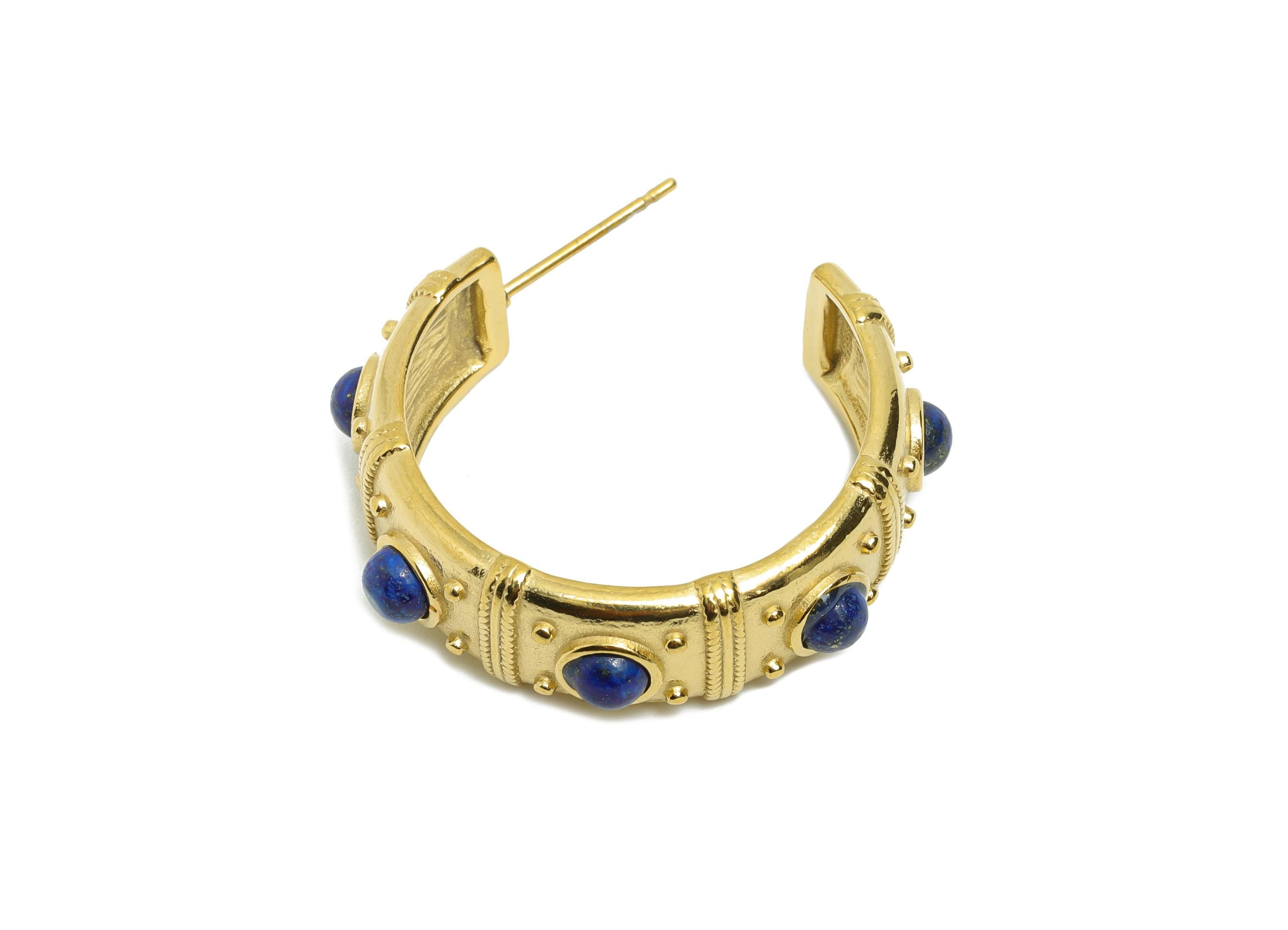 Lapis Lazuli C Hoop Stud - Ancient Roman Style - Greek Vintage Style - Steel Natural Stone Post - 18K Gold Plated - 31.75x9x2.68mm -SS2248 - DOMEDBAZAAR