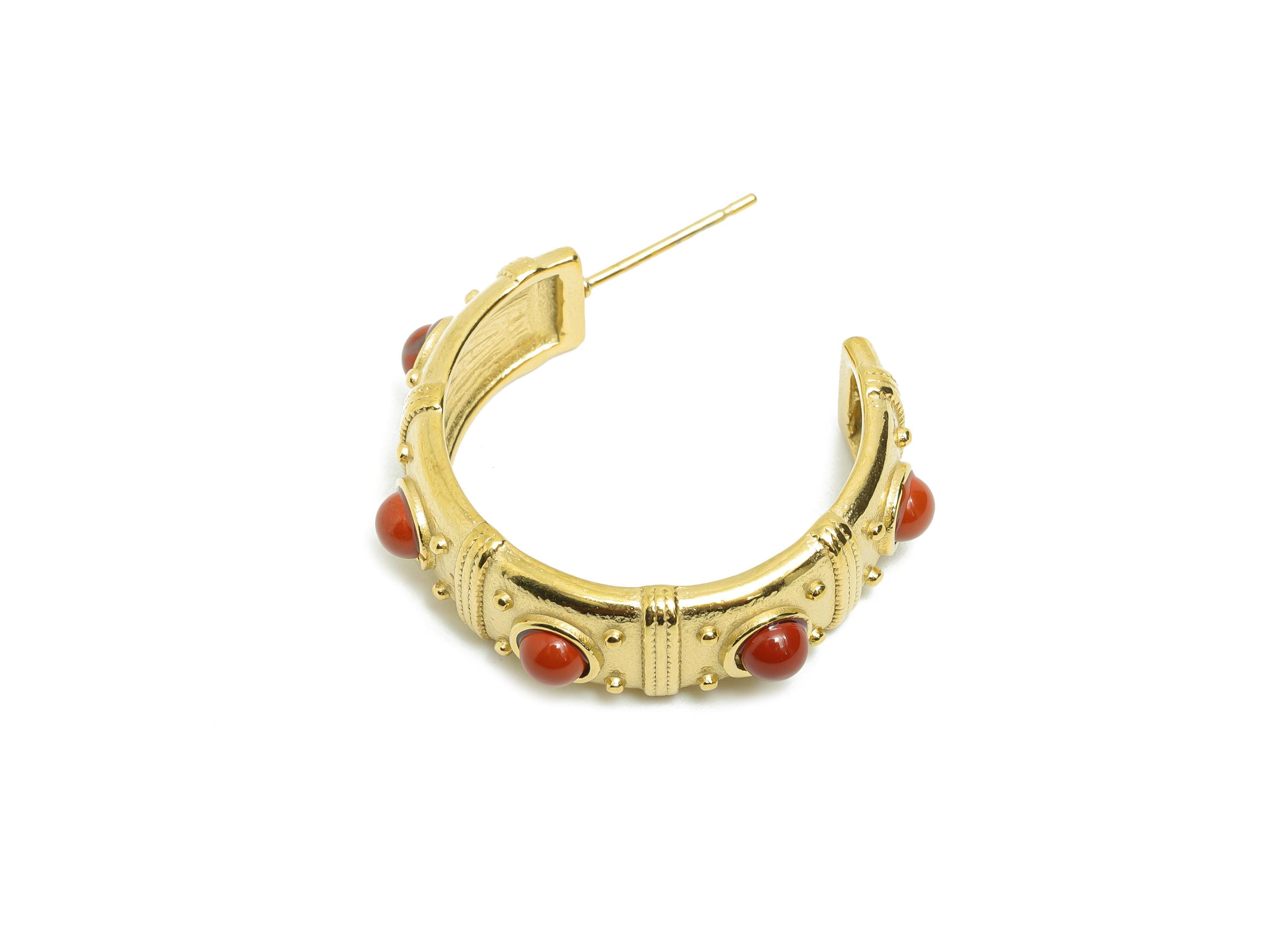 Red Natural Stone C Hoop Stud - Ancient Roman Style - Greek Vintage Style - Steel Natural Stone Post - 18K Gold Plated - 31x9x2.7mm - SS2250 - DOMEDBAZAAR