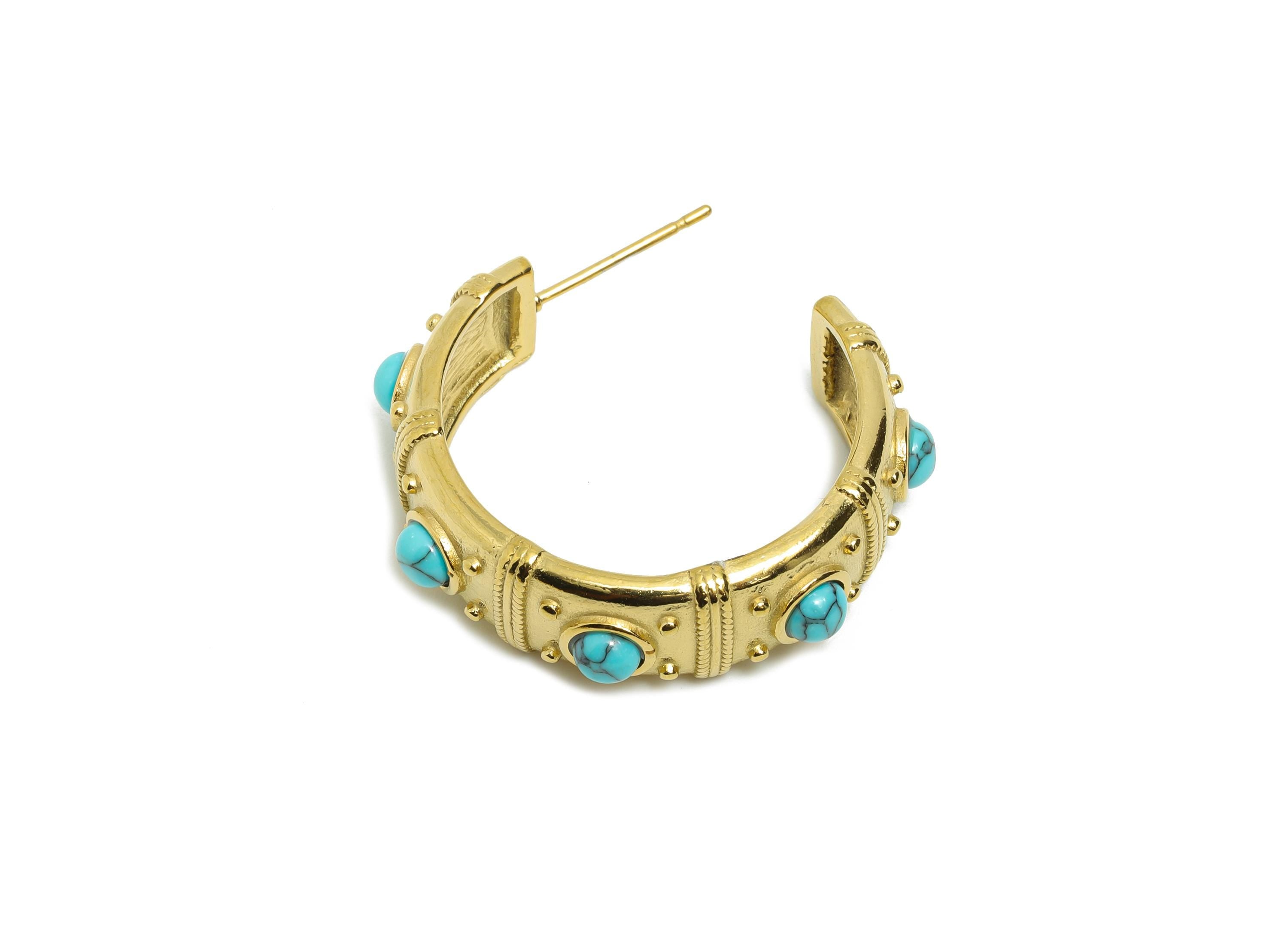 Blue Turquoise C Hoop Stud - Ancient Roman Style - Greek Vintage Style - Steel Natural Stone Post - 18K Gold Plated - 31.75x9x2.68mm -SS2251 - DOMEDBAZAAR