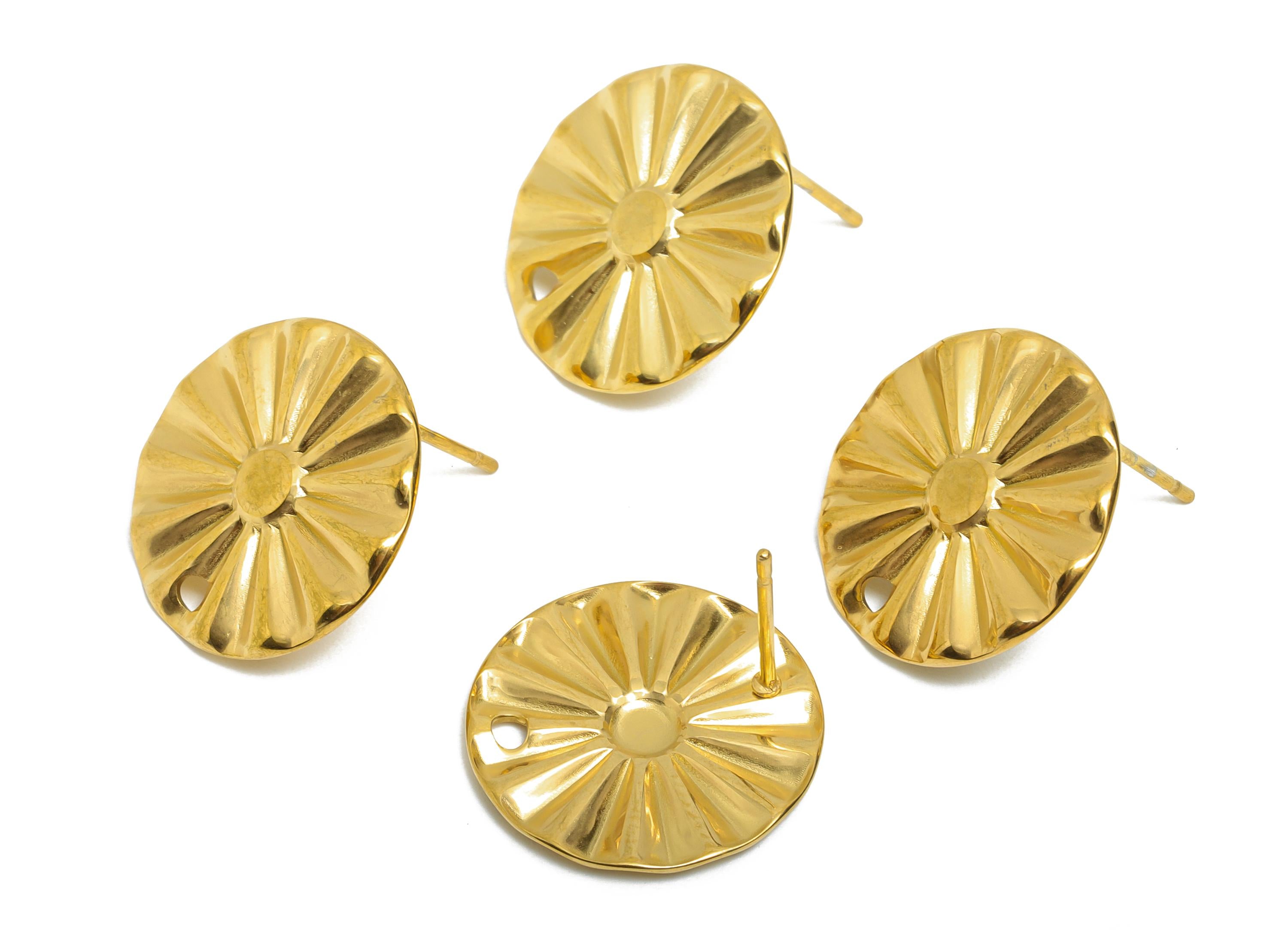 Stainless Steel Flower Stud - Elegant Gold Post with Loop - Dainty Geometric Folds Post - 18k Vacuum Gold Plating - 16x16x1.3mm - SS2357 - DOMEDBAZAAR