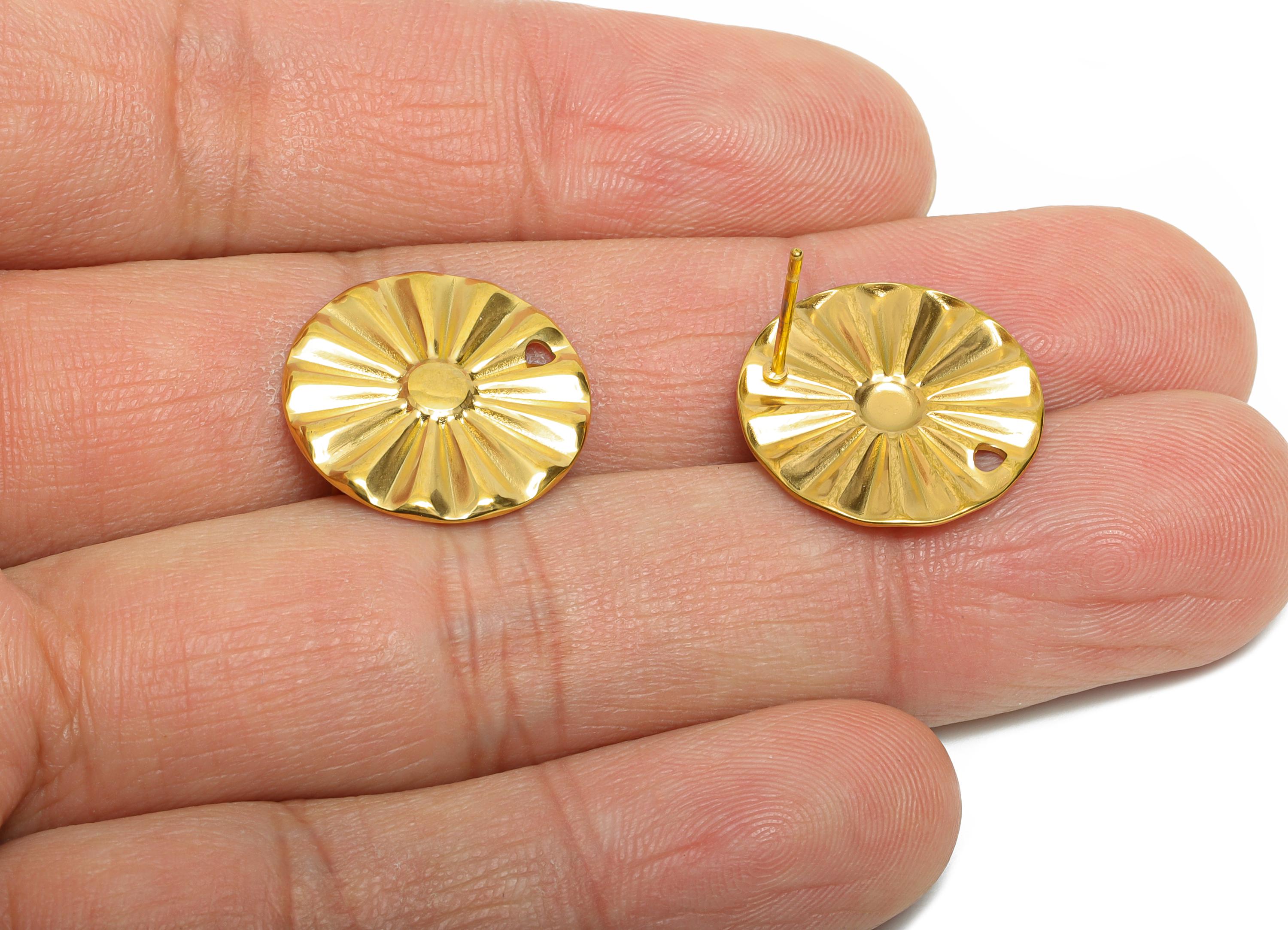 Stainless Steel Flower Stud - Elegant Gold Post with Loop - Dainty Geometric Folds Post - 18k Vacuum Gold Plating - 16x16x1.3mm - SS2357 - DOMEDBAZAAR