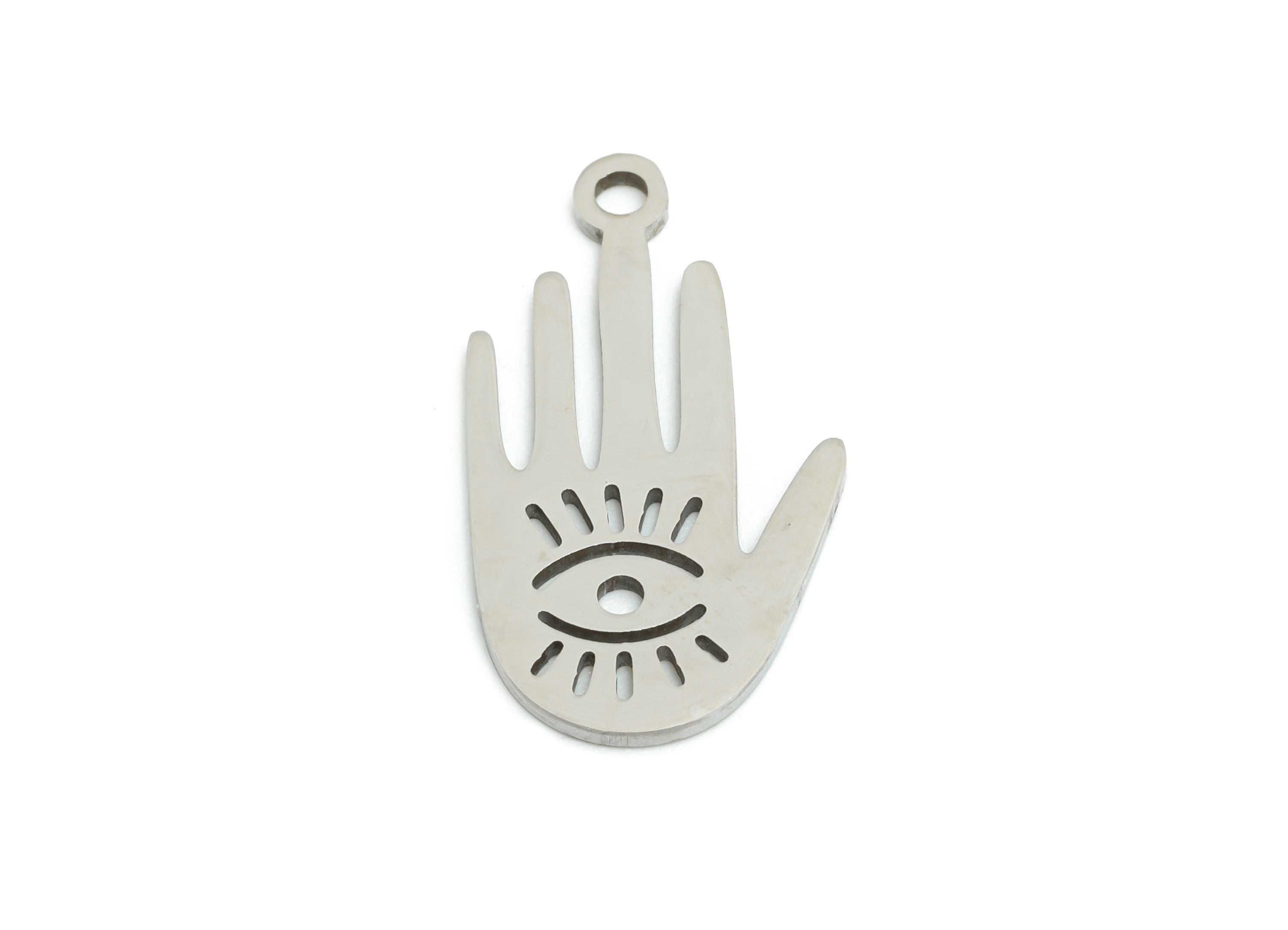 Steel Hamsa Hand Pendant - Vintage Evil Eye Protection Charm for DIY Jewelry - Esoteric Protective Symbol DIY Jewelry - 21x11x0.9mm - SS2373 - DOMEDBAZAAR
