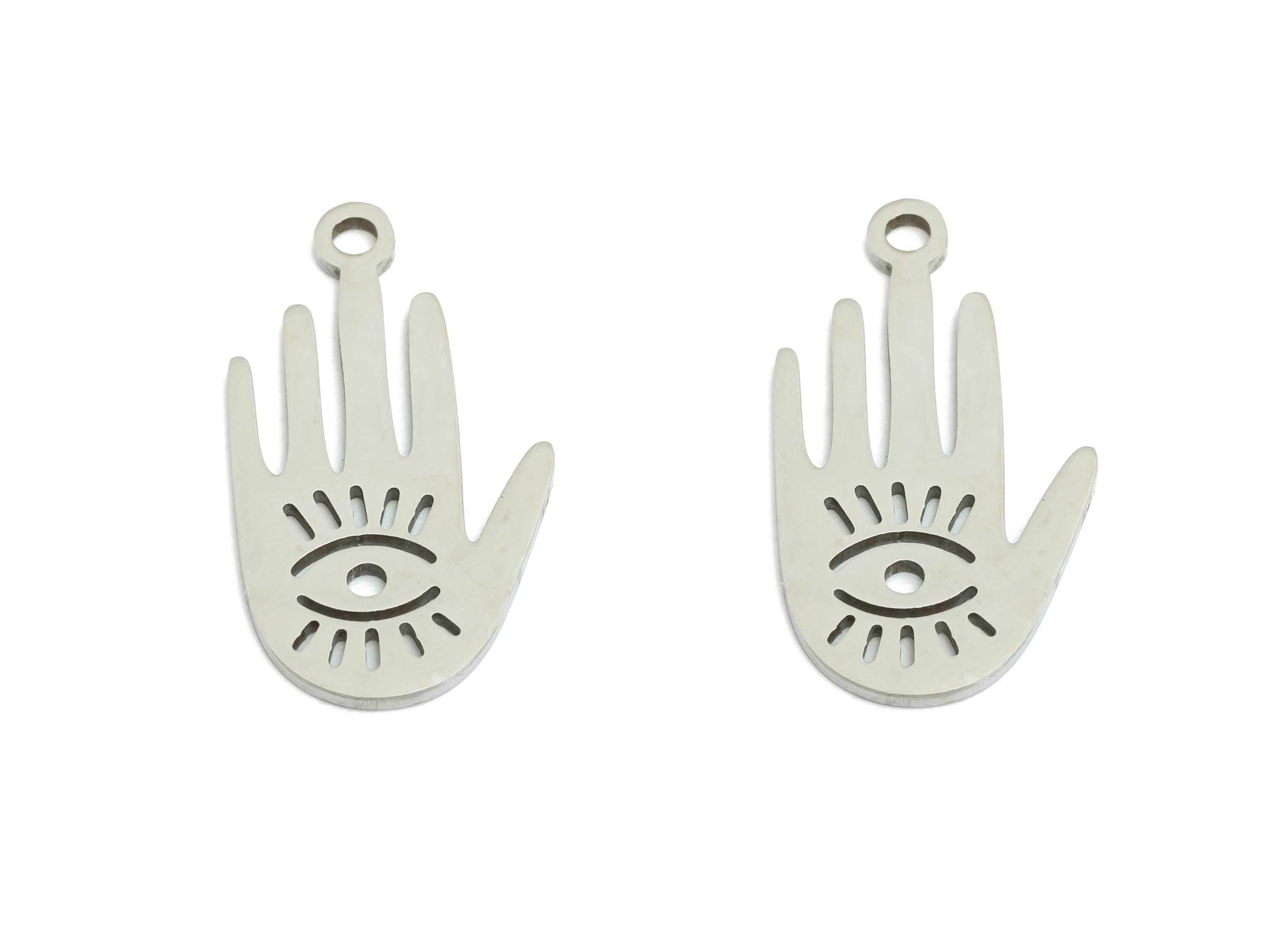 Steel Hamsa Hand Pendant - Vintage Evil Eye Protection Charm for DIY Jewelry - Esoteric Protective Symbol DIY Jewelry - 21x11x0.9mm - SS2373 - DOMEDBAZAAR