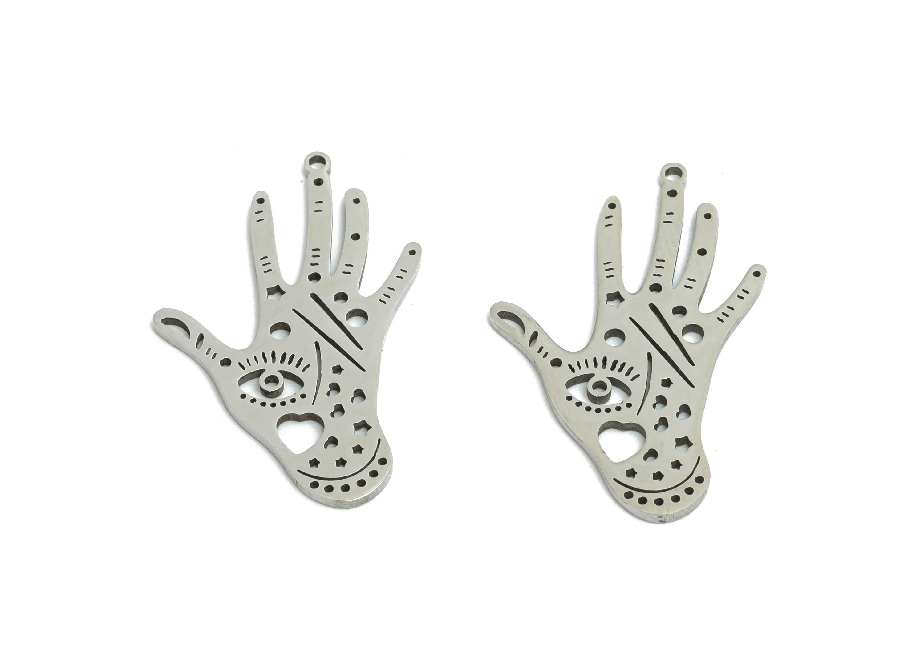 Steel Mystic Hand Pendant - Vintage Evil Eye Protection Charm for DIY Jewelry - Celestial Eye Amulet DIY Jewelry - 22x15x0.98mm - SS2372 - DOMEDBAZAAR