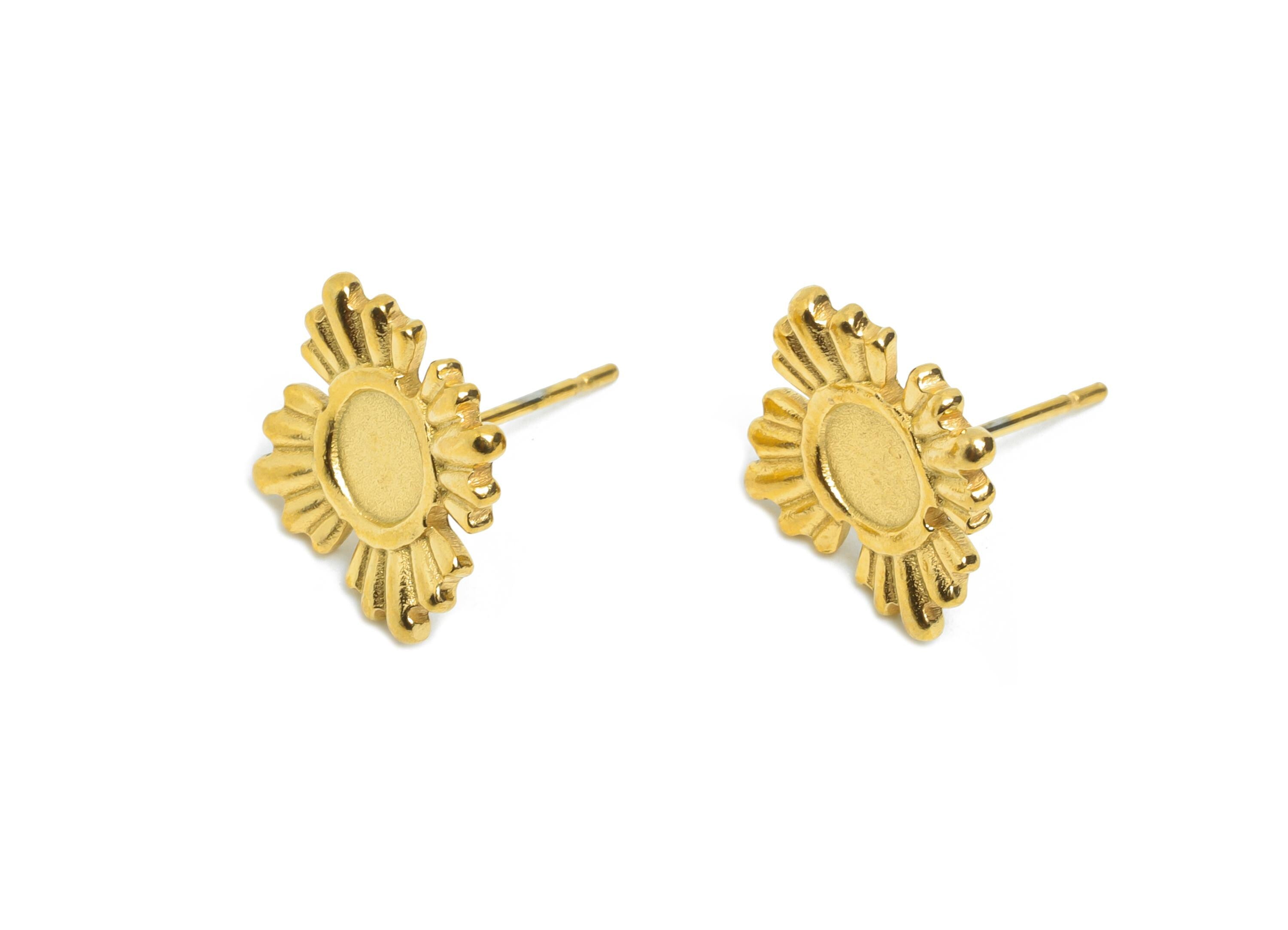 Steel Floral Posts - Dainty Gold Earring Stud - Textured Botanical Flower Earring Setting - 18k Vacuum Gold Plating - 13x10x1.9mm - SS2359 - DOMEDBAZAAR