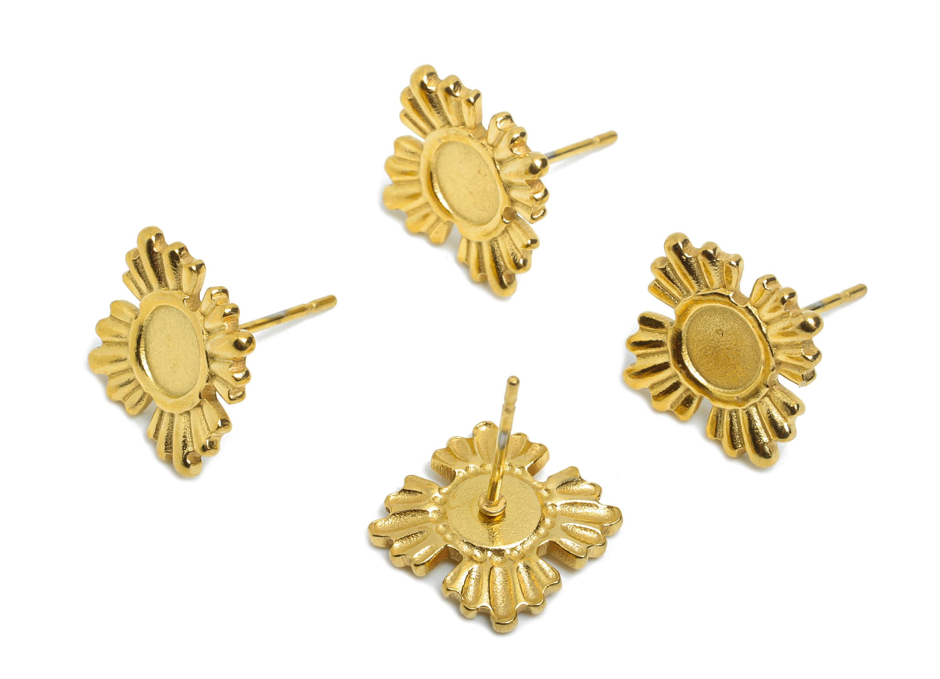 Steel Floral Posts - Dainty Gold Earring Stud - Textured Botanical Flower Earring Setting - 18k Vacuum Gold Plating - 13x10x1.9mm - SS2359 - DOMEDBAZAAR