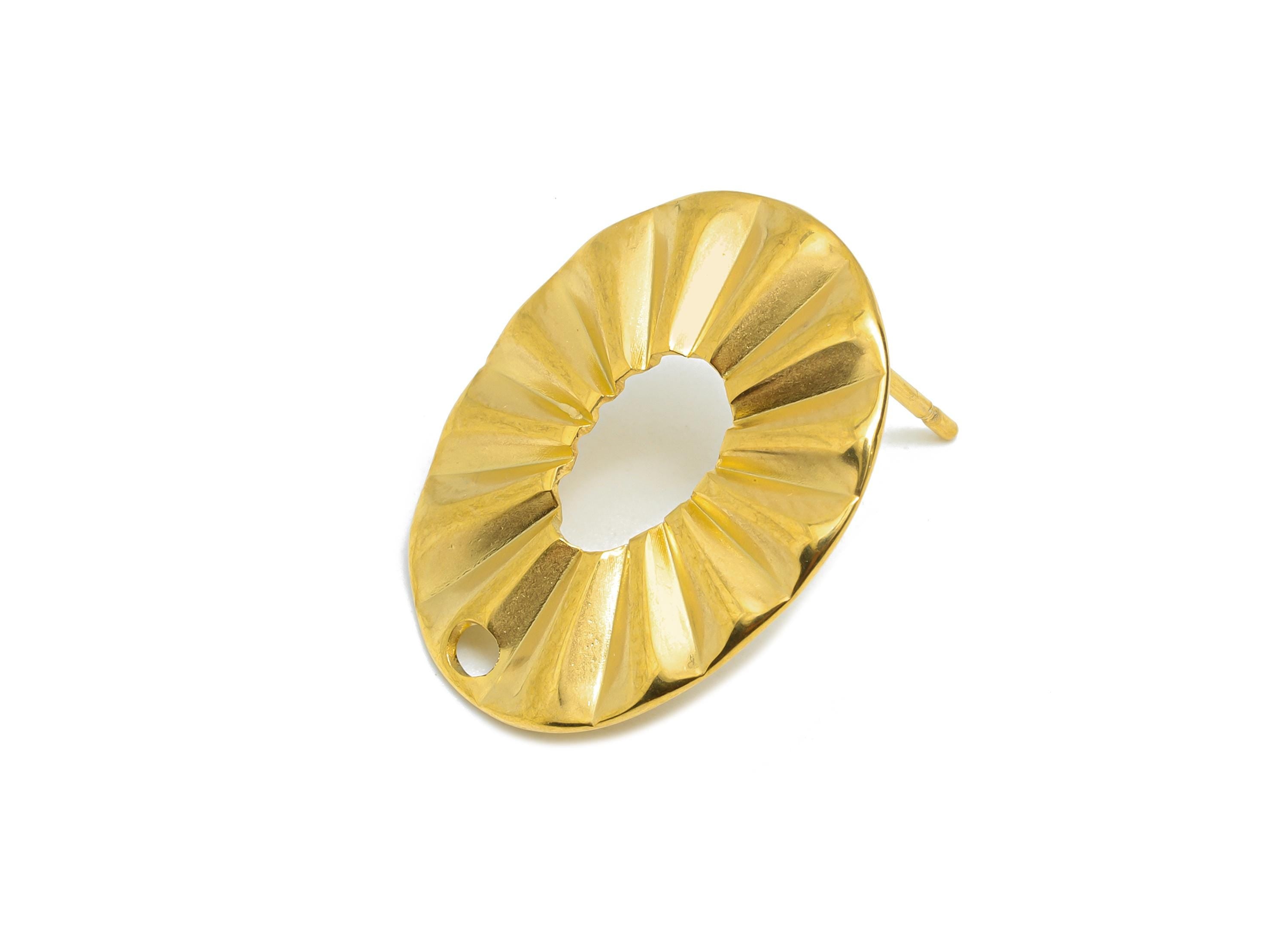 Oval Steel Earring Stud - Elegant Gold Hollow Post with Loop - Dainty Geometric Folds Post - 18k Vacuum Gold Plating - 21x17.8x1mm - SS2360 - DOMEDBAZAAR