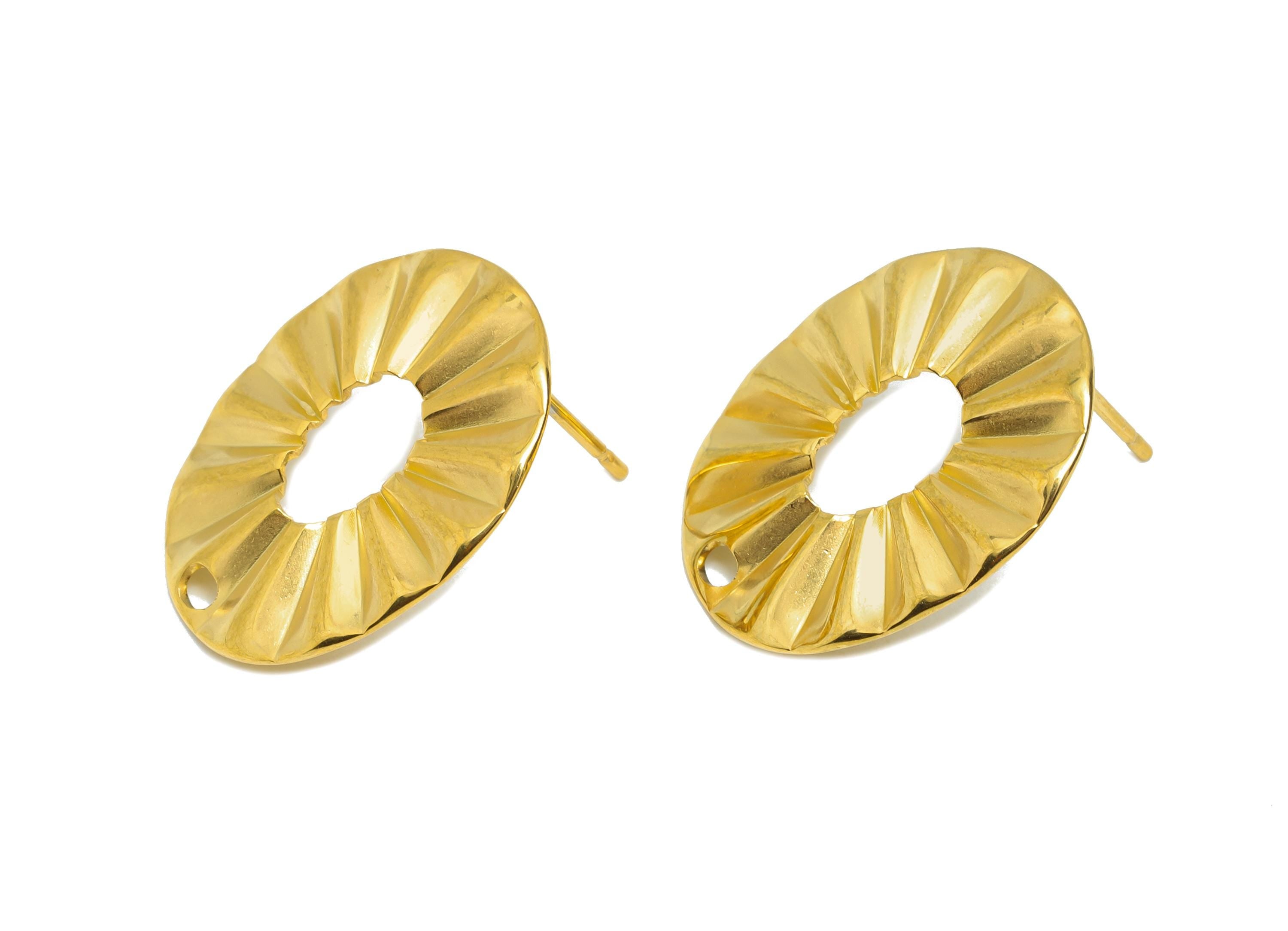 Oval Steel Earring Stud - Elegant Gold Hollow Post with Loop - Dainty Geometric Folds Post - 18k Vacuum Gold Plating - 21x17.8x1mm - SS2360 - DOMEDBAZAAR