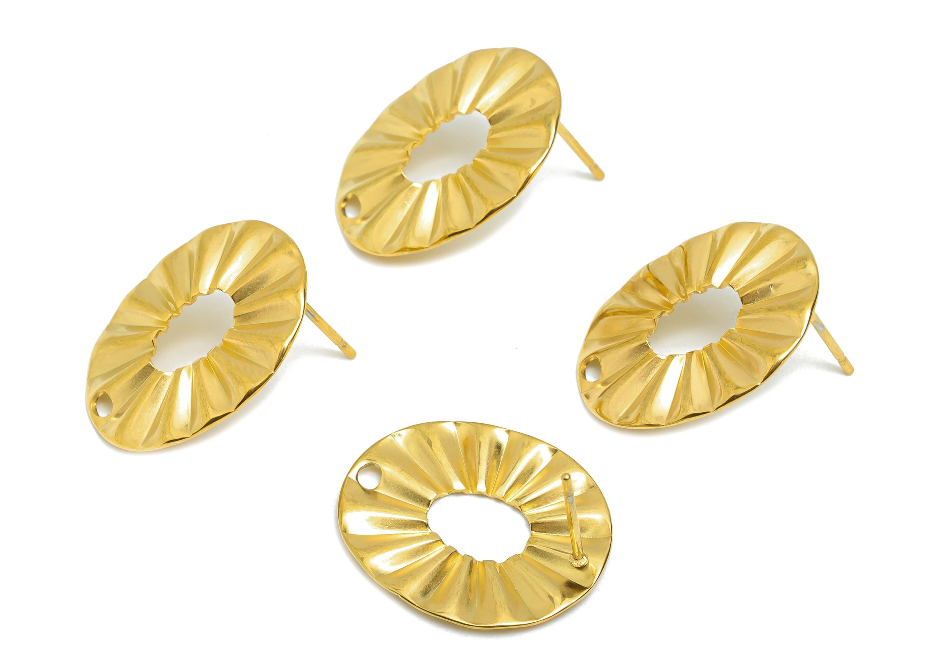Oval Steel Earring Stud - Elegant Gold Hollow Post with Loop - Dainty Geometric Folds Post - 18k Vacuum Gold Plating - 21x17.8x1mm - SS2360 - DOMEDBAZAAR