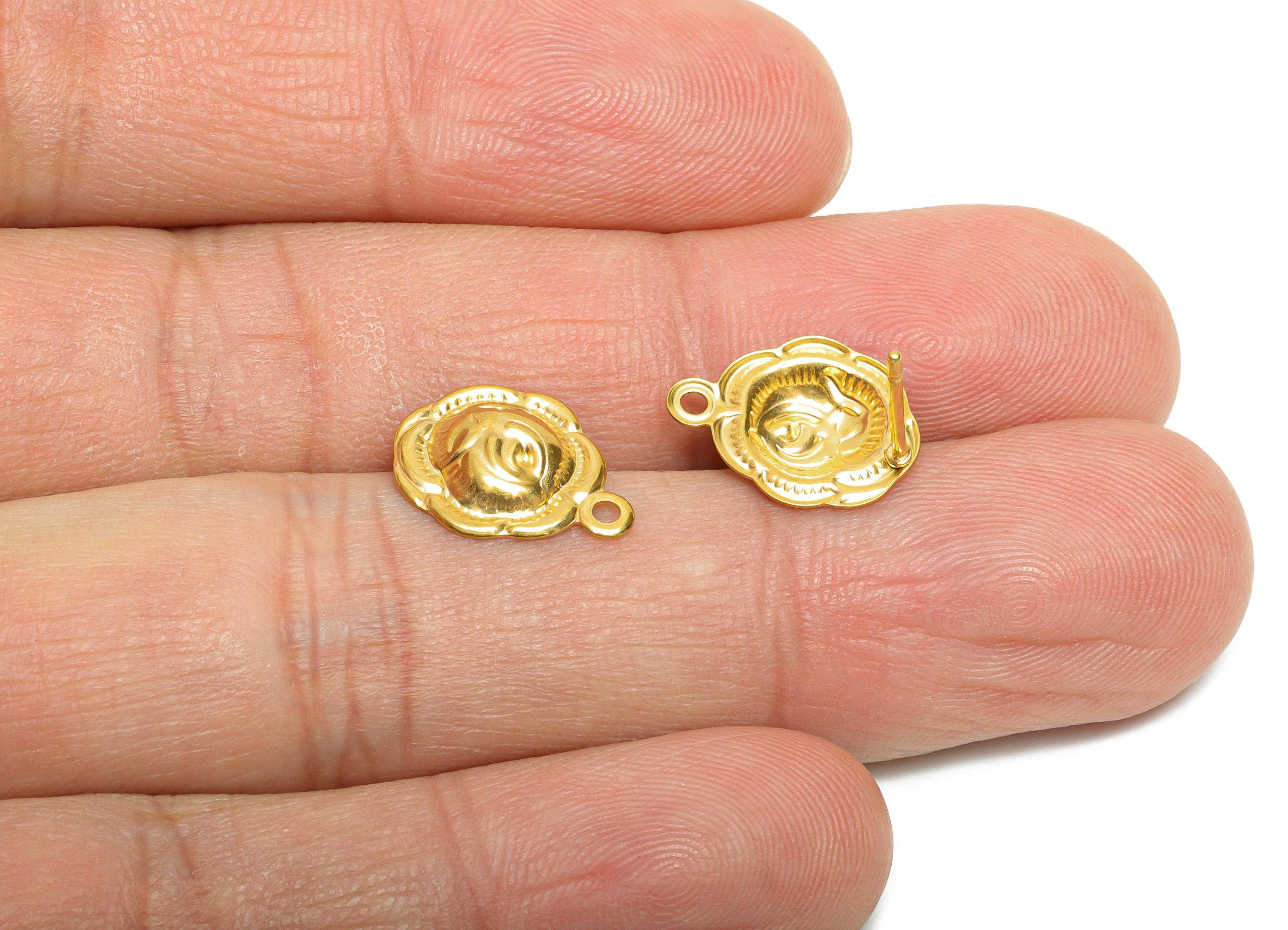 Stainless Steel Flower Stud - Unique Botanical Post with Loop - Antique-Style Gold Earring - 18k Vacuum Gold Plating - 13.8x10x2mm - SS2358 - DOMEDBAZAAR