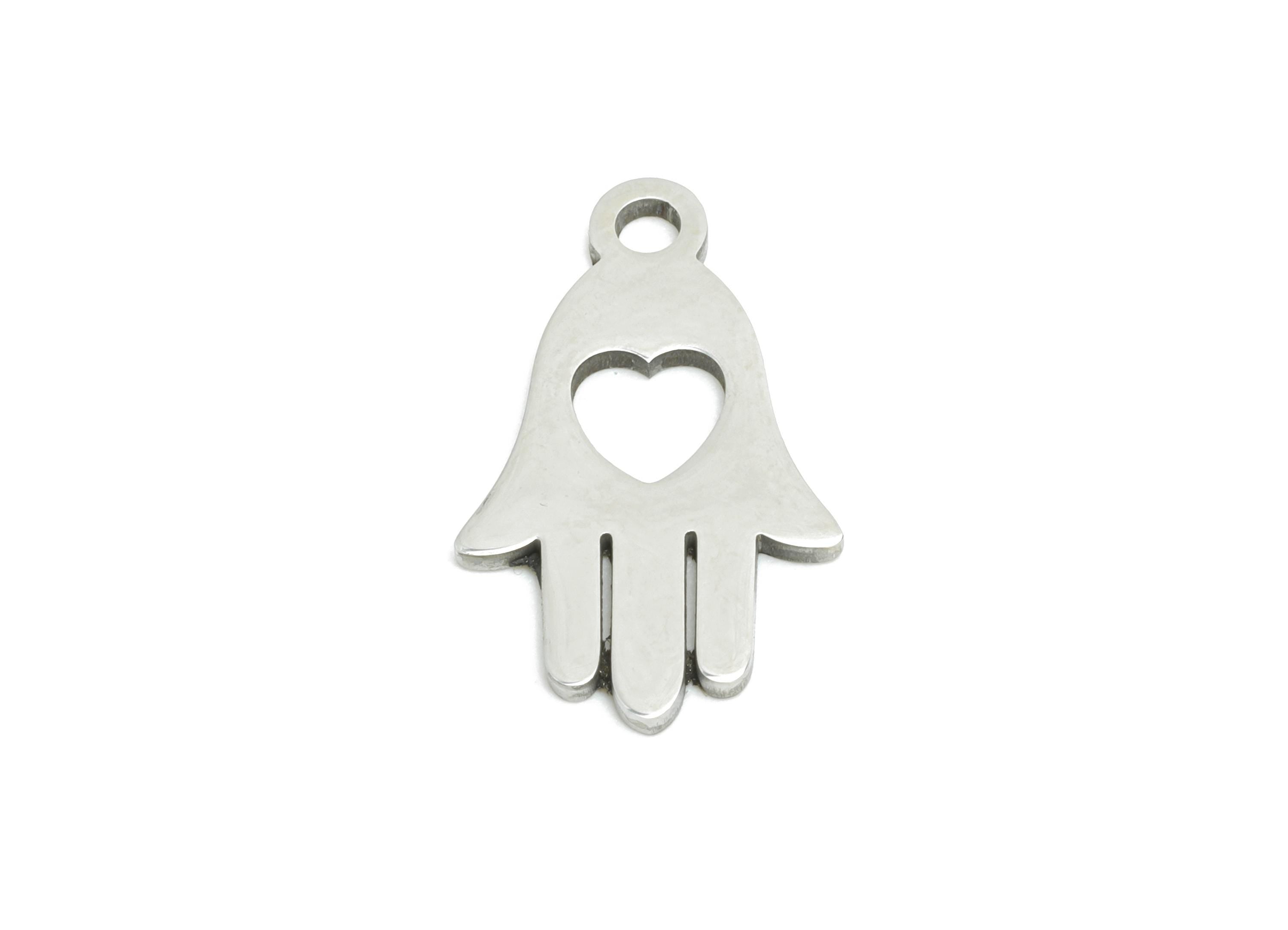 Stainless Steel Hamsa Hand Pendant - Vintage Hollow Heart Charm for DIY Jewelry - Heart Cutout Charm - Good Luck Charm - 17x10x0.98mm-SS2378 - DOMEDBAZAAR