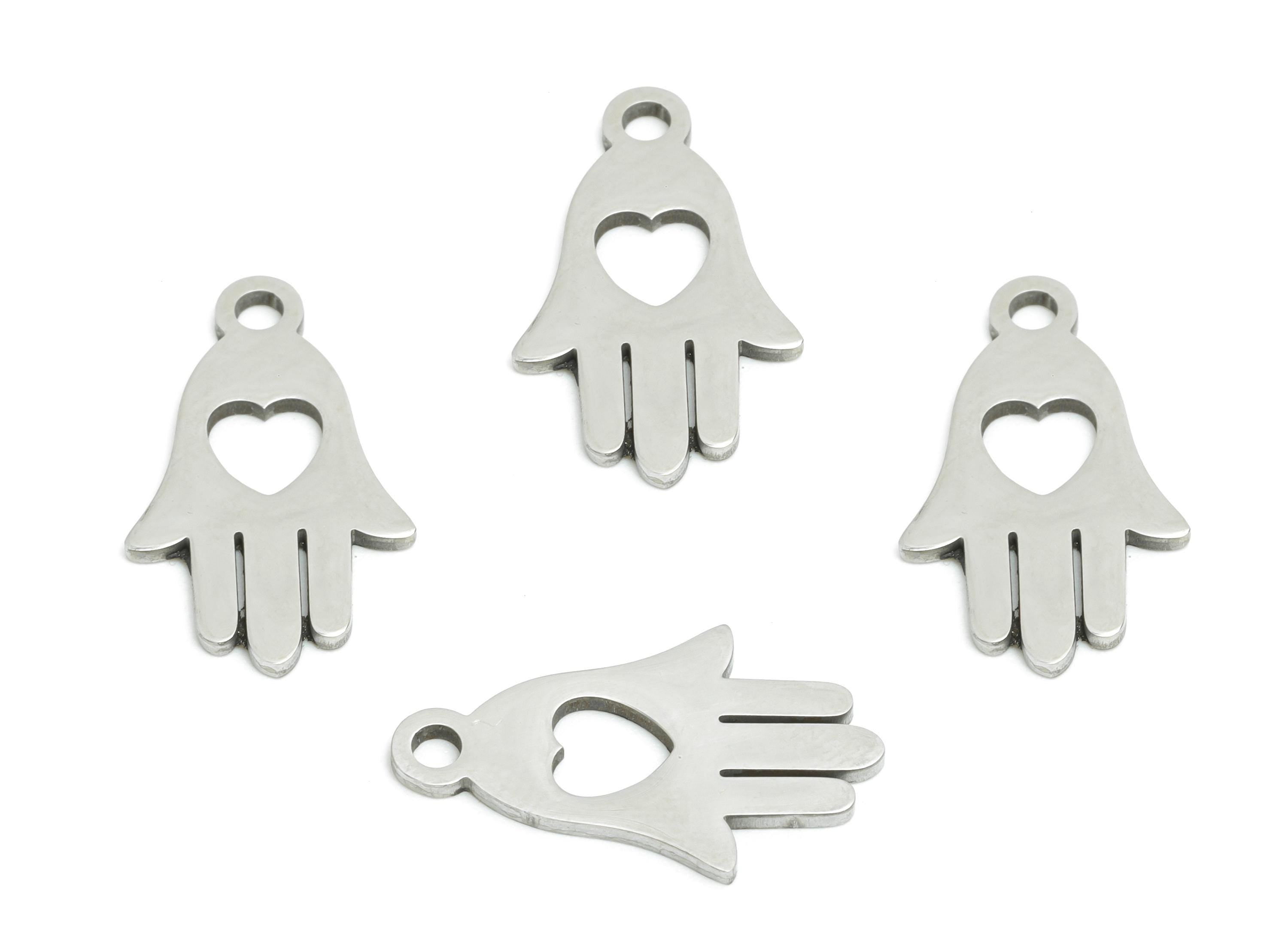 Stainless Steel Hamsa Hand Pendant - Vintage Hollow Heart Charm for DIY Jewelry - Heart Cutout Charm - Good Luck Charm - 17x10x0.98mm-SS2378 - DOMEDBAZAAR