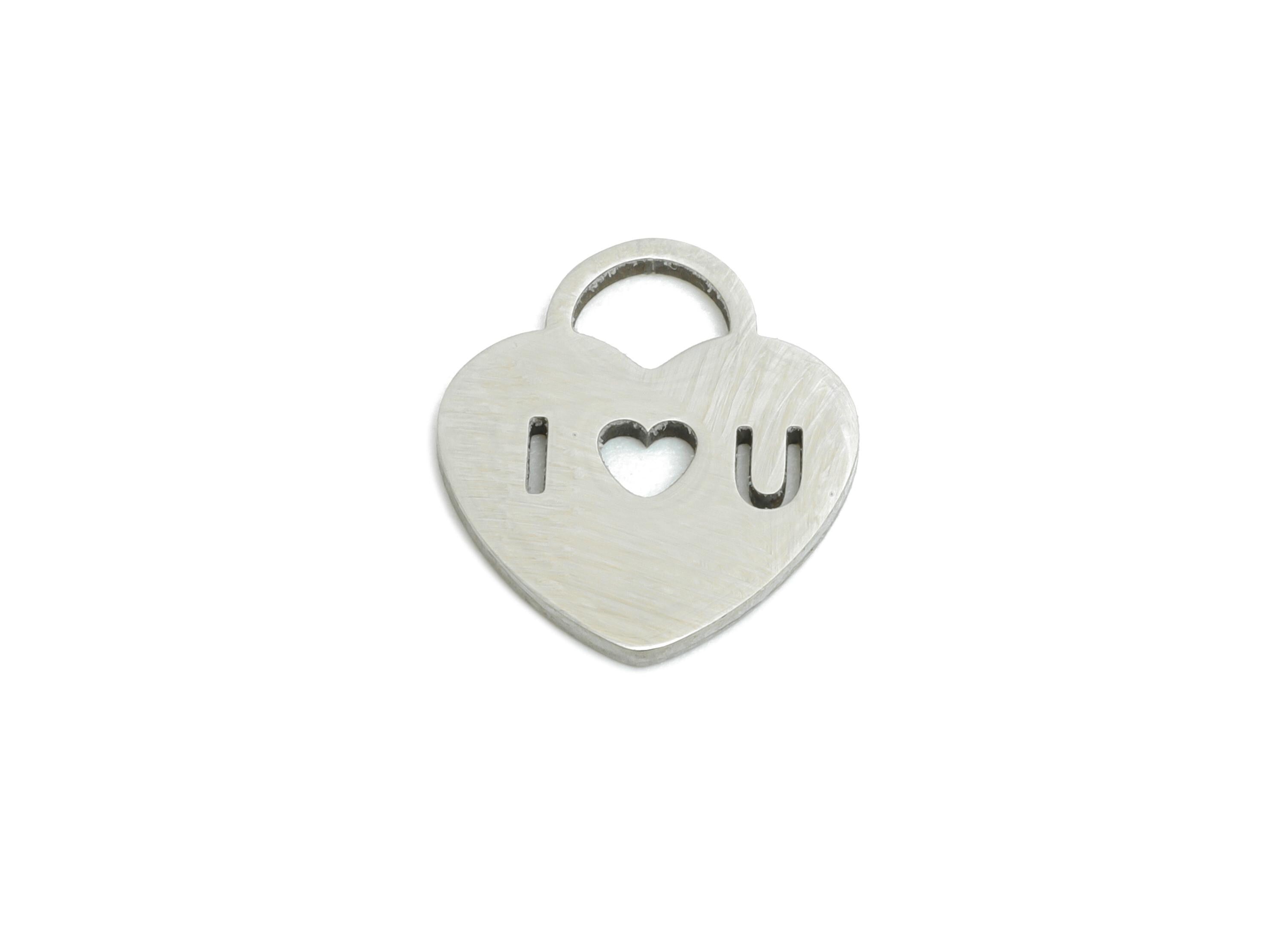Heart Lock Earring Charm - Stainless Steel Minimalist Love Pendant - Steel Engraved Heart Charm - I Love You Jewelry - 13x12x0.98mm - SS2379 - DOMEDBAZAAR