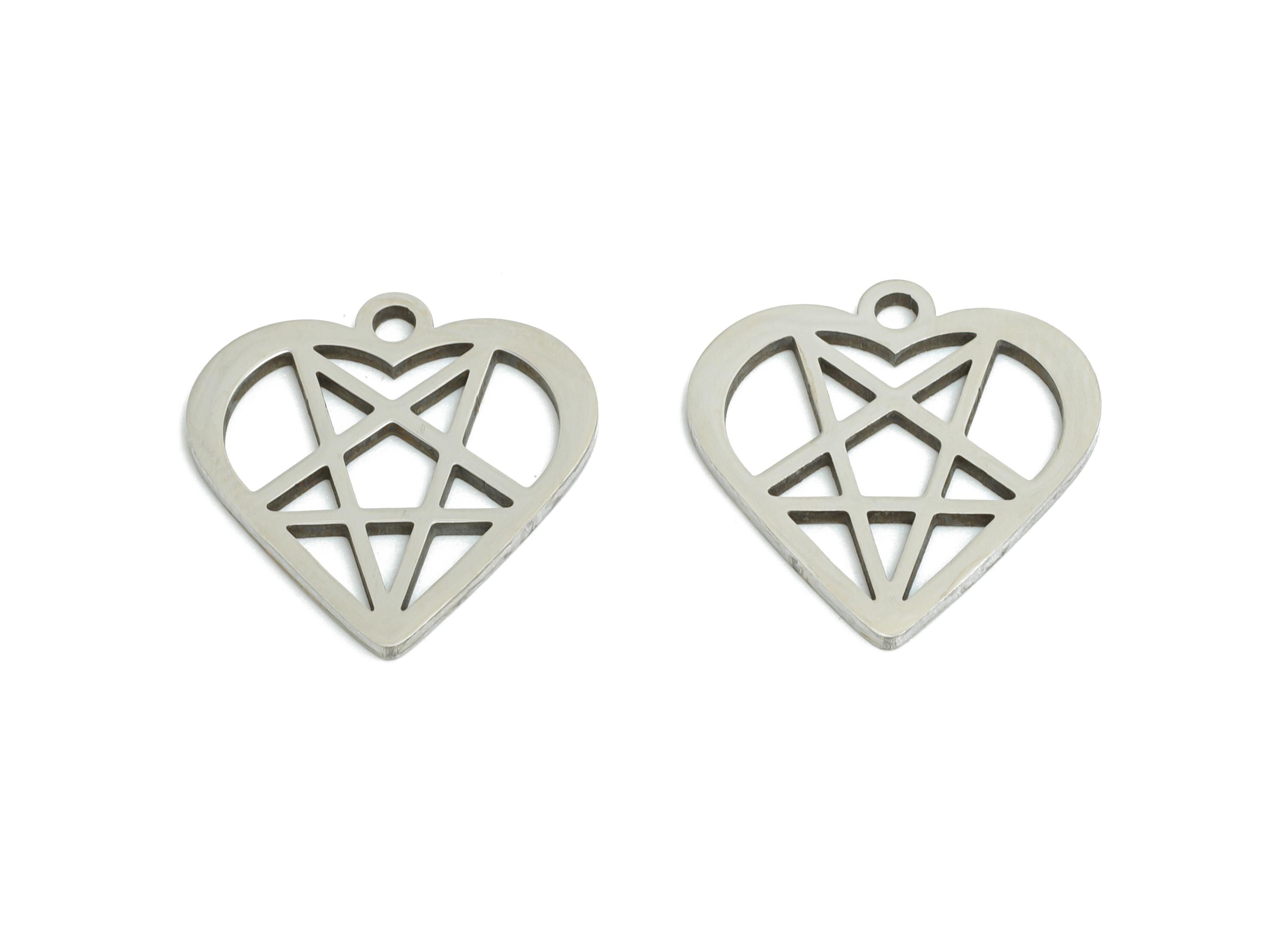 Pentagram Heart Earring Charm - Stainless Steel Minimalist Love Pendant - Stainless Steel Heart Pendant - Dark Romance - 14x14x0.98mm-SS2374 - DOMEDBAZAAR