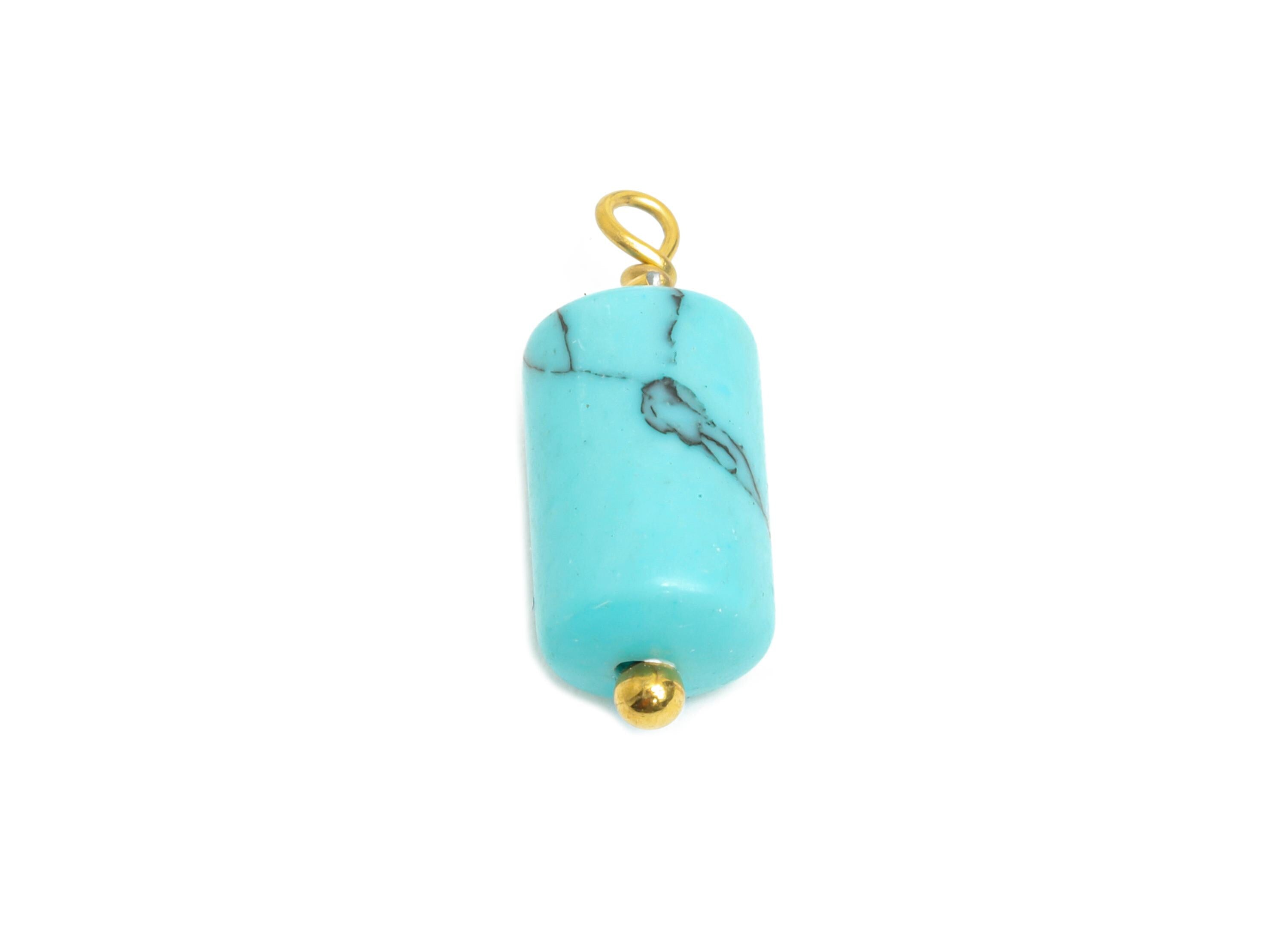 Blue Turquoise Natural Stone Charm - Steel Stone Barrel Pendant - Natural Stone Jewelry - 18K Gold Vacuum Plated - 15.7x6.17x6.17mm - NS3009 - DOMEDBAZAAR