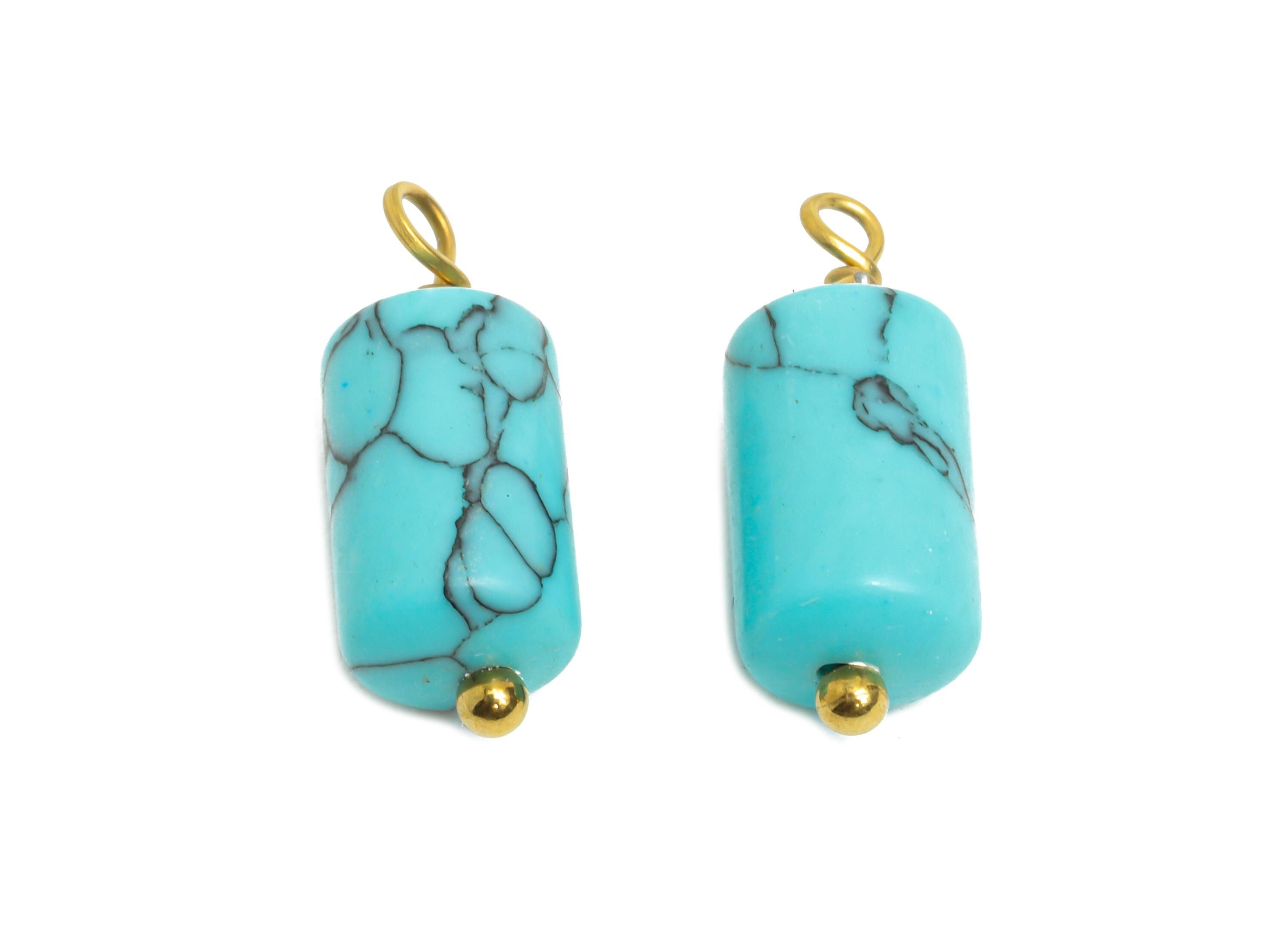 Blue Turquoise Natural Stone Charm - Steel Stone Barrel Pendant - Natural Stone Jewelry - 18K Gold Vacuum Plated - 15.7x6.17x6.17mm - NS3009 - DOMEDBAZAAR