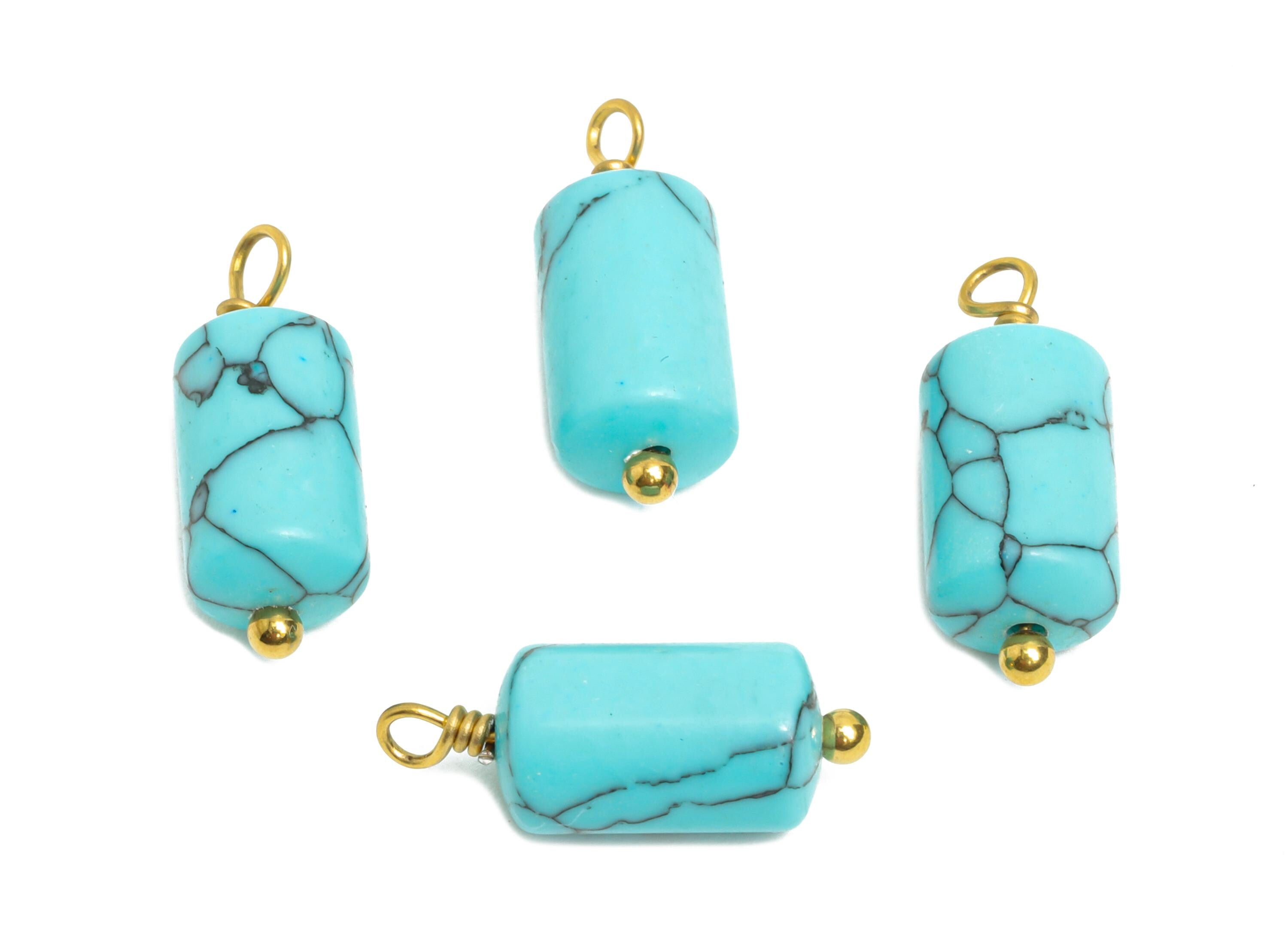 Blue Turquoise Natural Stone Charm - Steel Stone Barrel Pendant - Natural Stone Jewelry - 18K Gold Vacuum Plated - 15.7x6.17x6.17mm - NS3009 - DOMEDBAZAAR