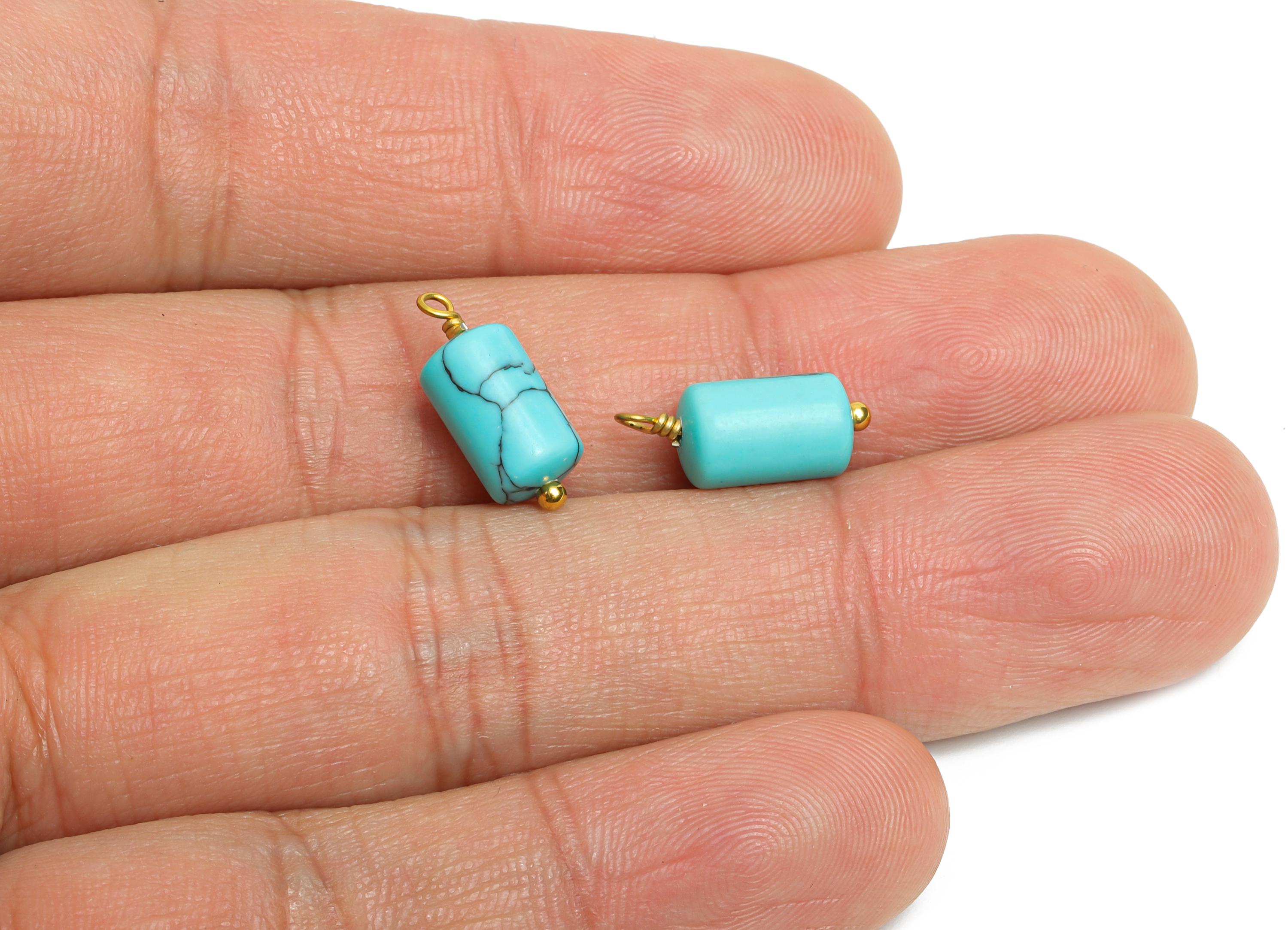 Blue Turquoise Natural Stone Charm - Steel Stone Barrel Pendant - Natural Stone Jewelry - 18K Gold Vacuum Plated - 15.7x6.17x6.17mm - NS3009 - DOMEDBAZAAR
