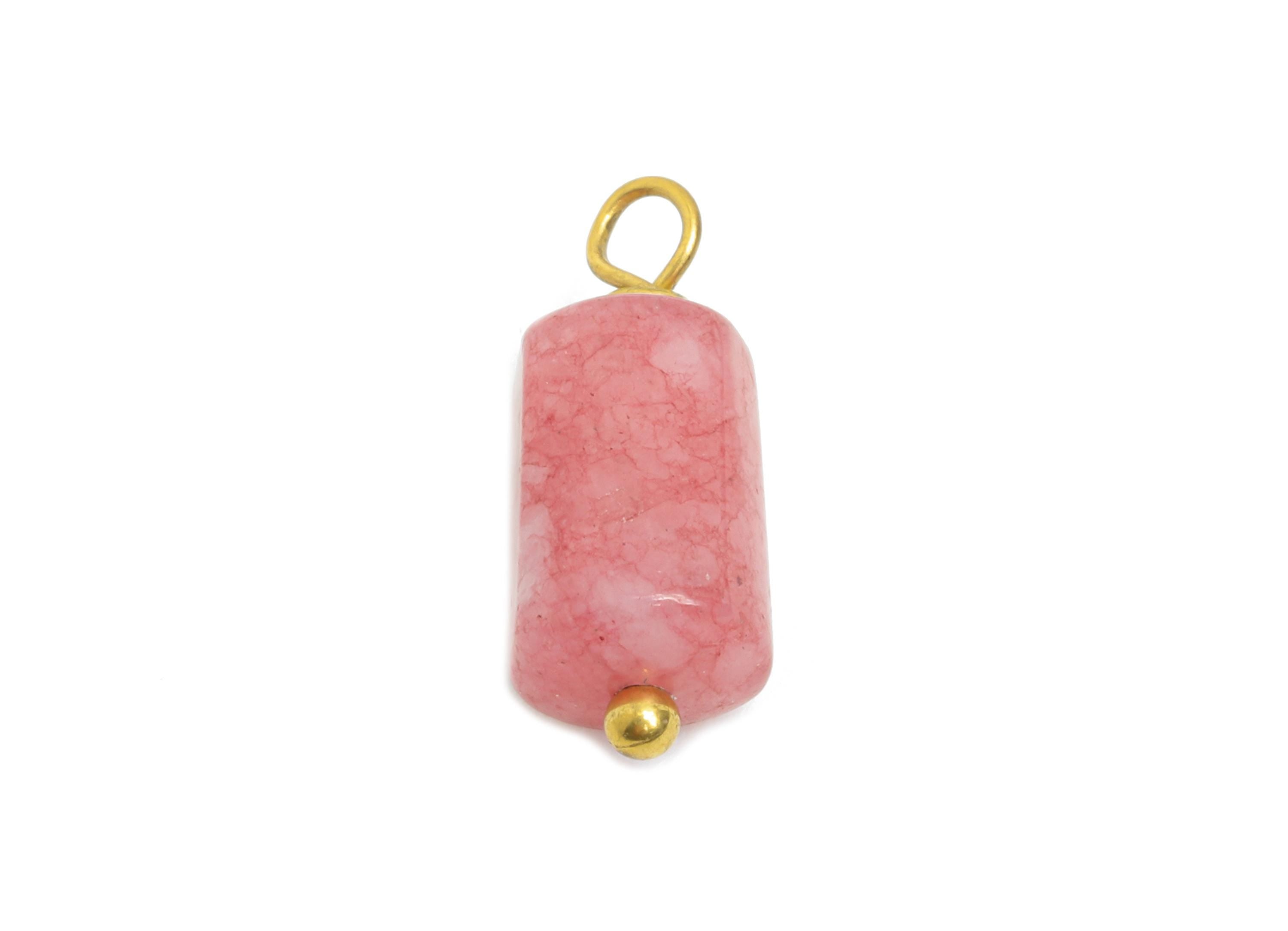 Pink Jade Natural Stone Charms - Steel Stone Barrel Pendant - Natural Stone Jewelry - 18K Gold Vacuum Plated - 15.7x6.17x6.17mm - NS3017 - DOMEDBAZAAR