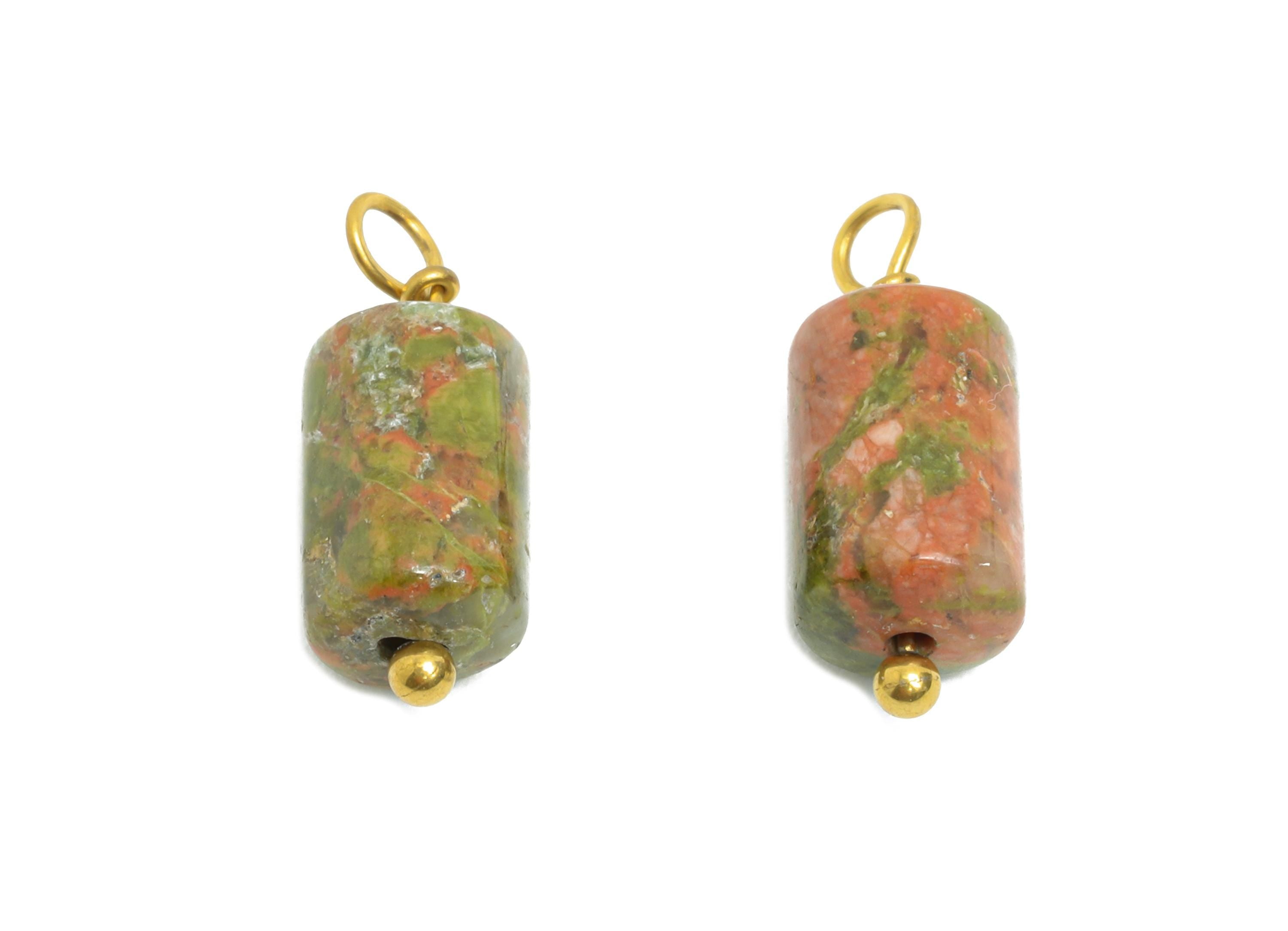 Epidote Natural Stone Charms - Steel Stone Barrel Pendant - Natural Stone Jewelry - 18K Gold Vacuum Plated - 15.7x6.17x6.17mm - NS3015 - DOMEDBAZAAR