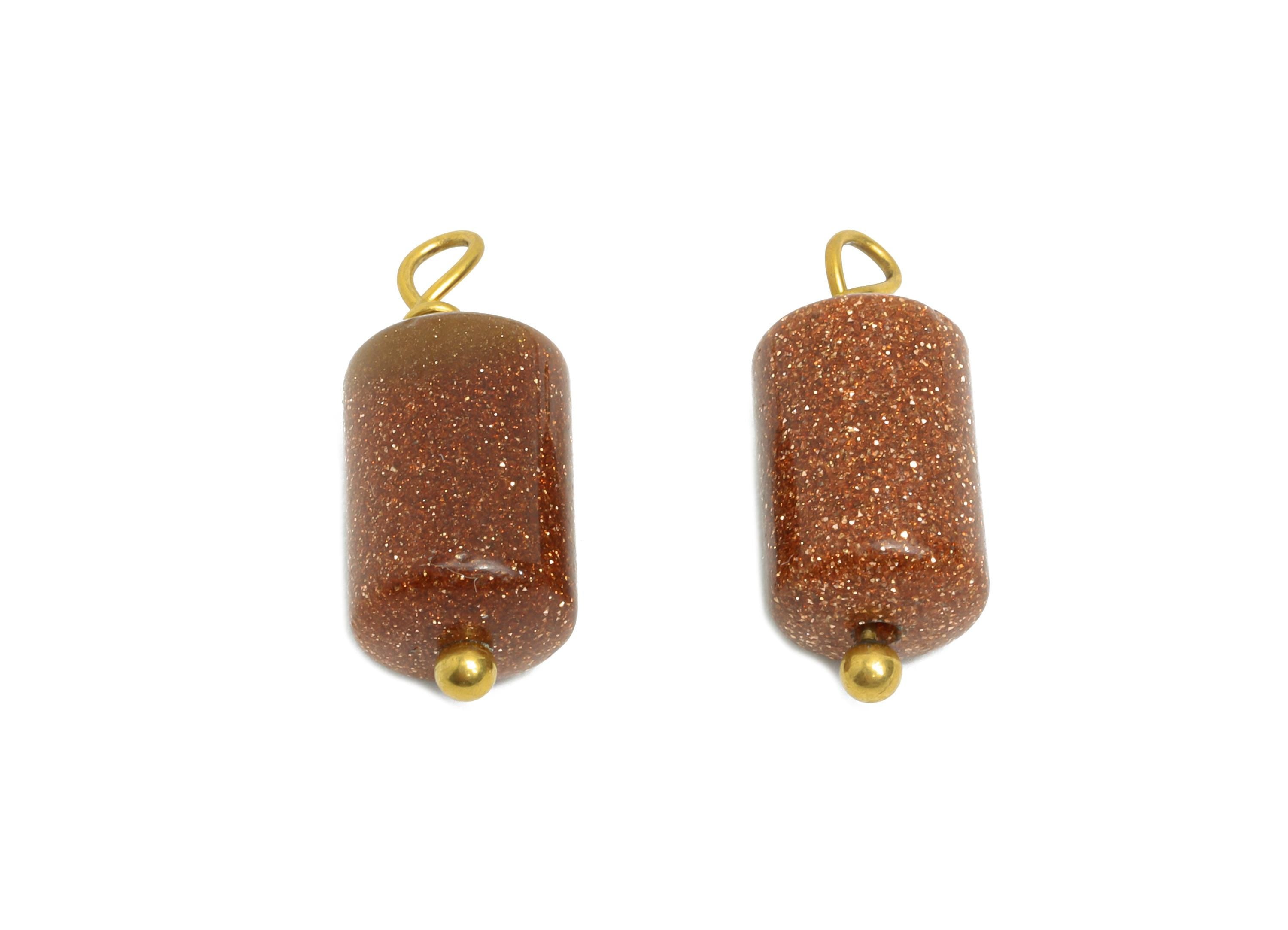 Goldstone Natural Stone Charms - Steel Stone Barrel Pendant - Natural Stone Jewelry - 18K Gold Vacuum Plated - 15.7x6.17x6.17mm - NS3016 - DOMEDBAZAAR