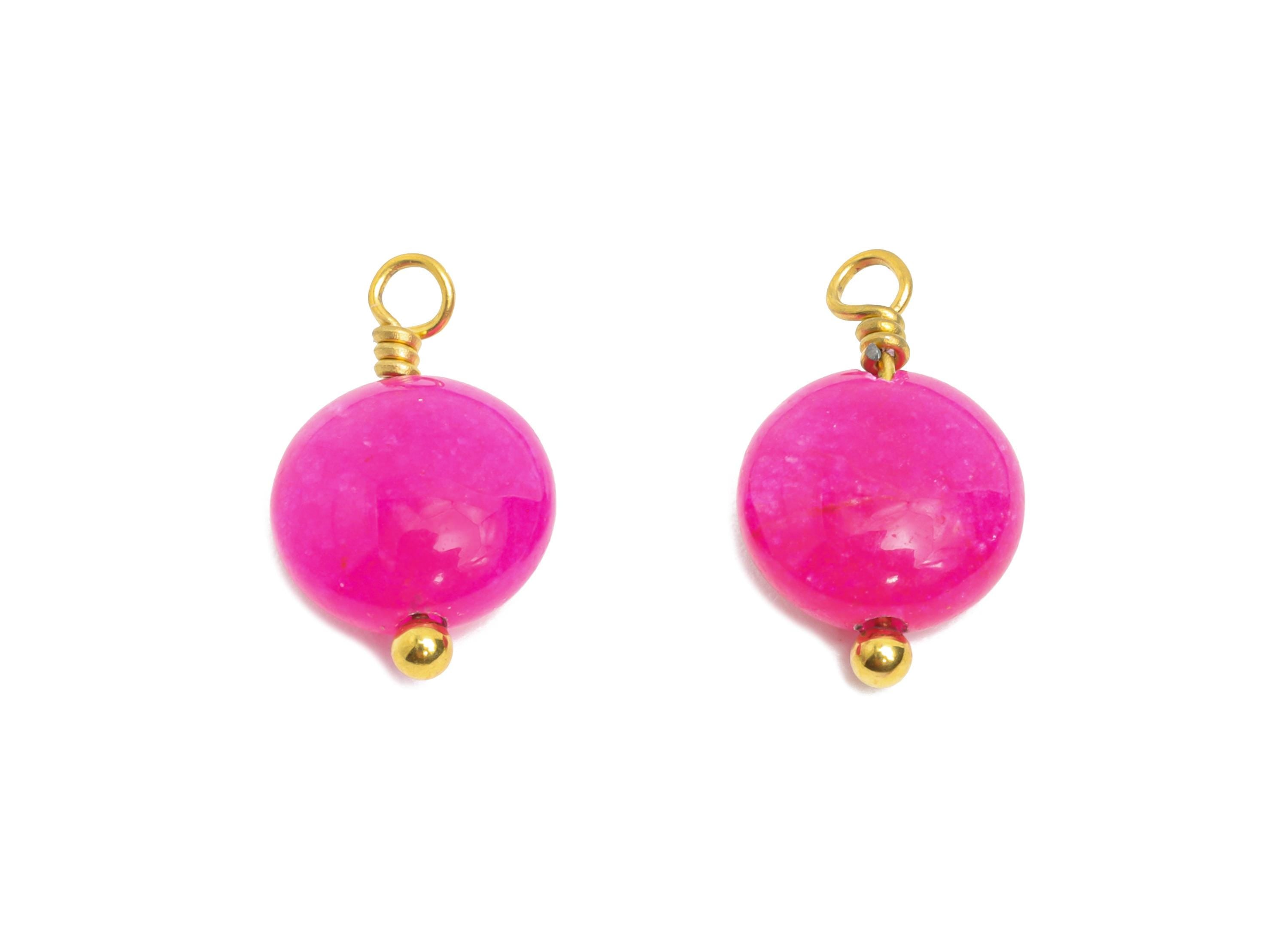 Rhodochrosite Natural Stone Charm - Steel Round Stone Bracelet Pendant - Healing Stone Jewelry - 18K Gold Plated - 13.6x8.5x4.88mm - NS3023 - DOMEDBAZAAR