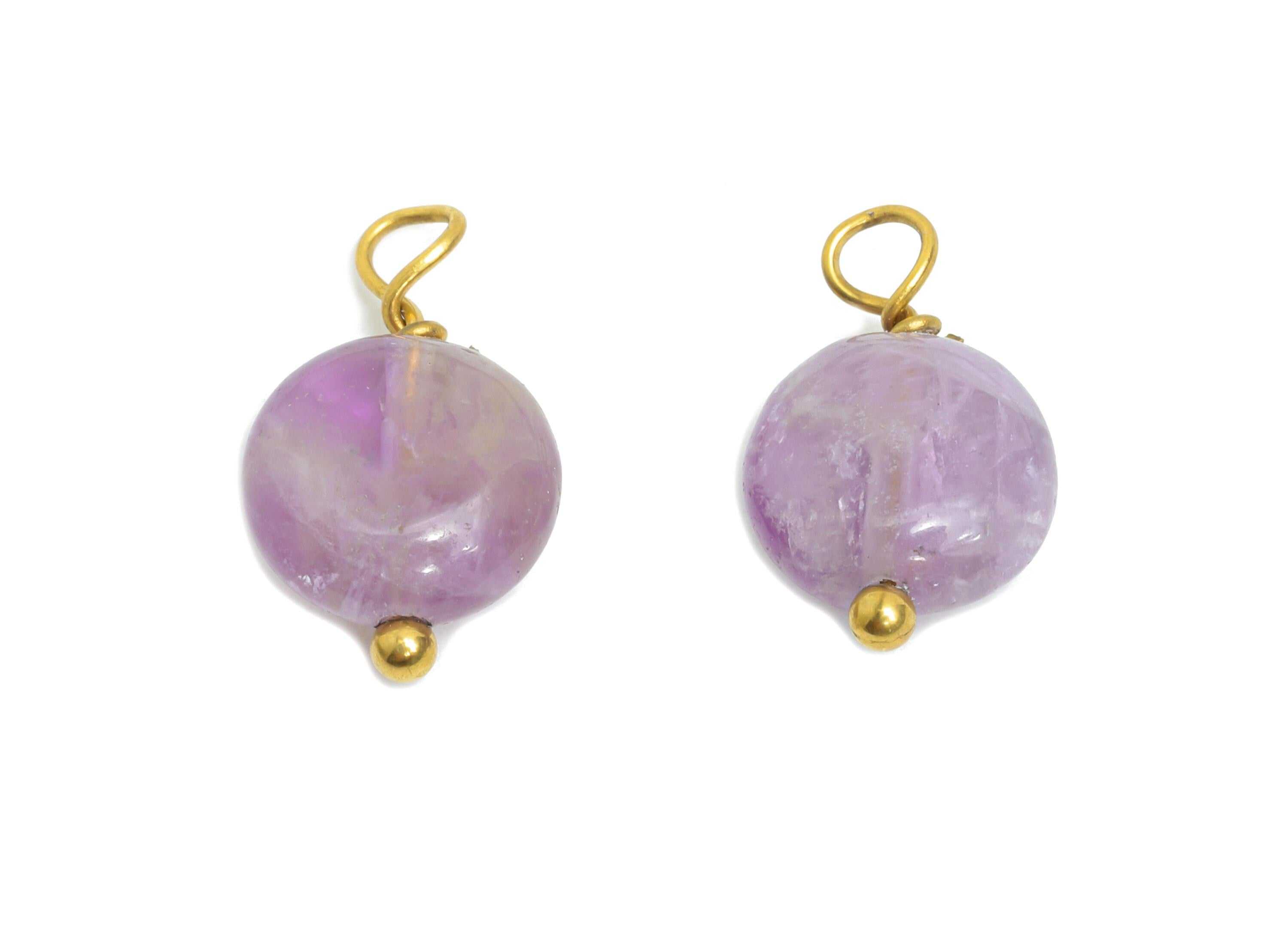 Amethyst Natural Stone Charm - Steel Round Stone Bracelet Pendant - Healing Stone Jewelry - 18K Gold Vacuum Plated - 13.6x8.5x4.88mm -NS3034 - DOMEDBAZAAR