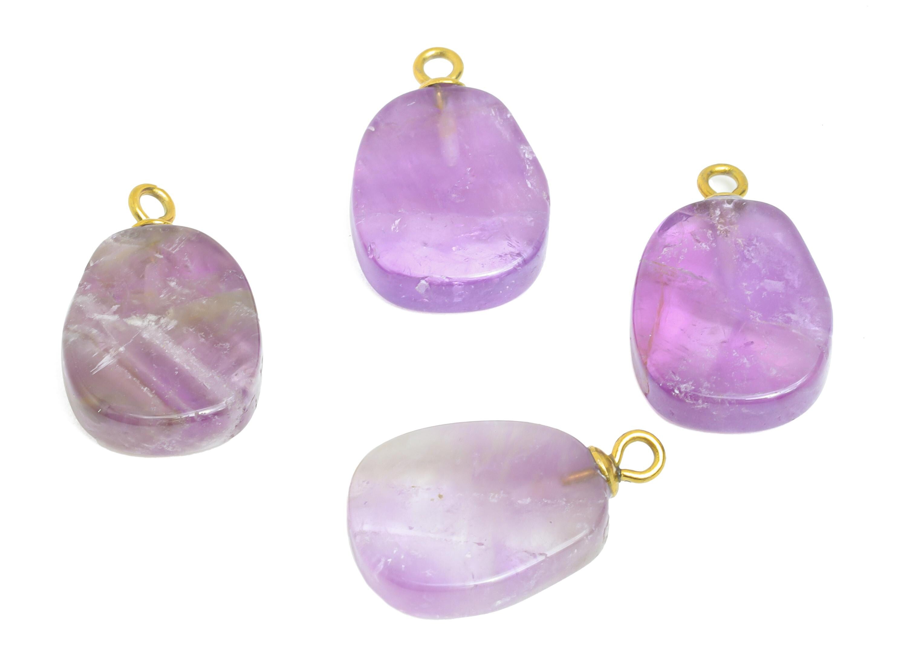 Amethyst Natural Stone Charm - Steel Smooth Stone Necklace Pendant - Unique Gemstone DIY - 18K Gold Vacuum Plated - 17.8x11x3.6mm - NS3005 - DOMEDBAZAAR