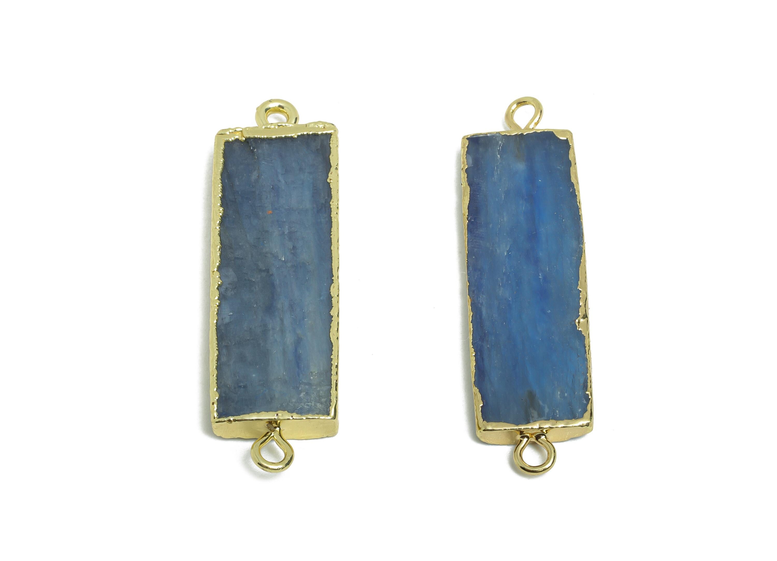 Kyanite Stick Natural Stone Charm - Rectangle Long Bar Bracelet Connector - Healing Stone Jewelry - 14K Gold Plated - 38.7x10.6x3mm - NS2403 - DOMEDBAZAAR