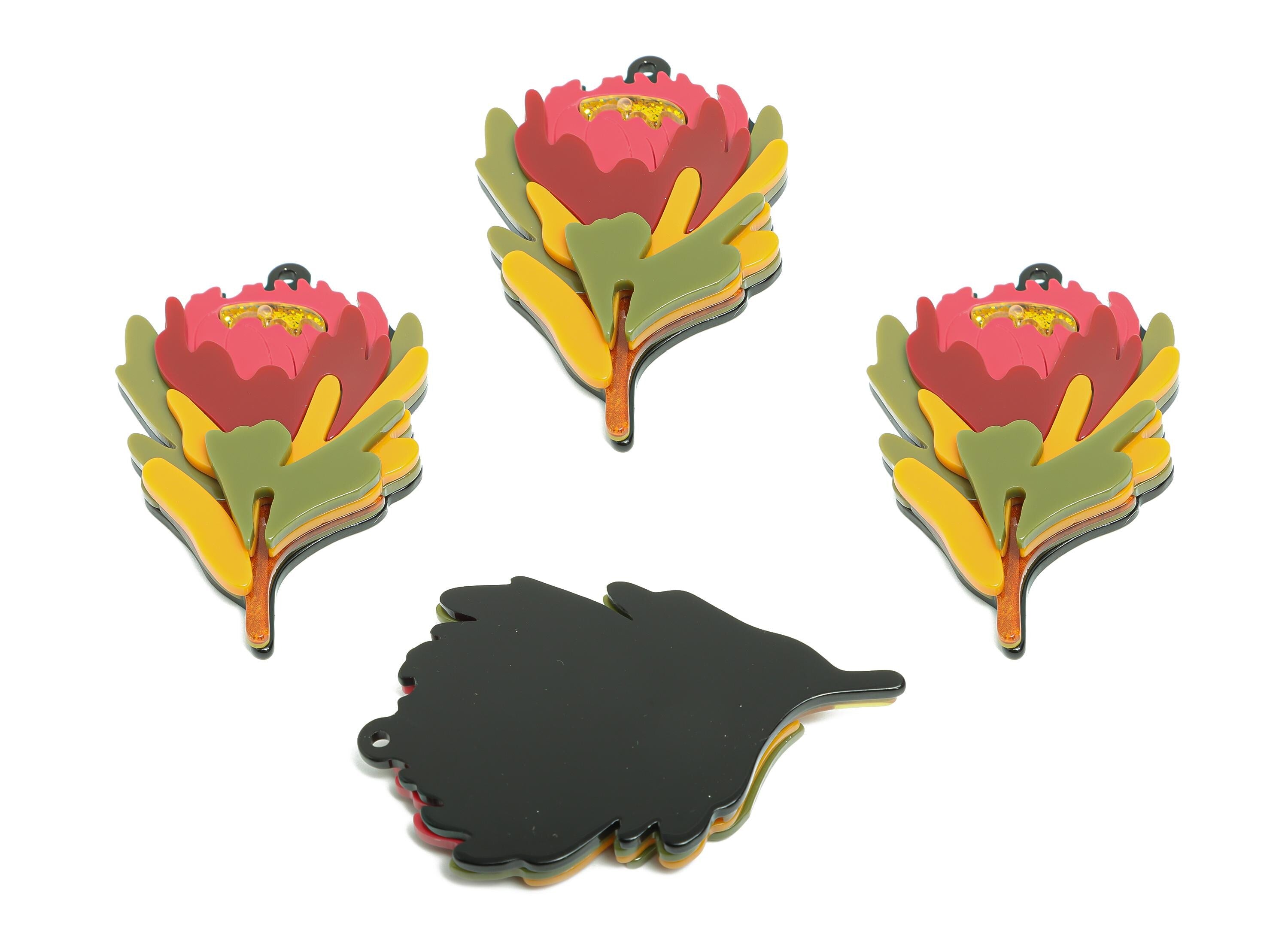 Acrylic Flower Charm - Nature Floral Pendant for Keychain - Handmade Botanical Keychain Design - DIY Making Accessory - 72x46x10mm - AC2655 - DOMEDBAZAAR