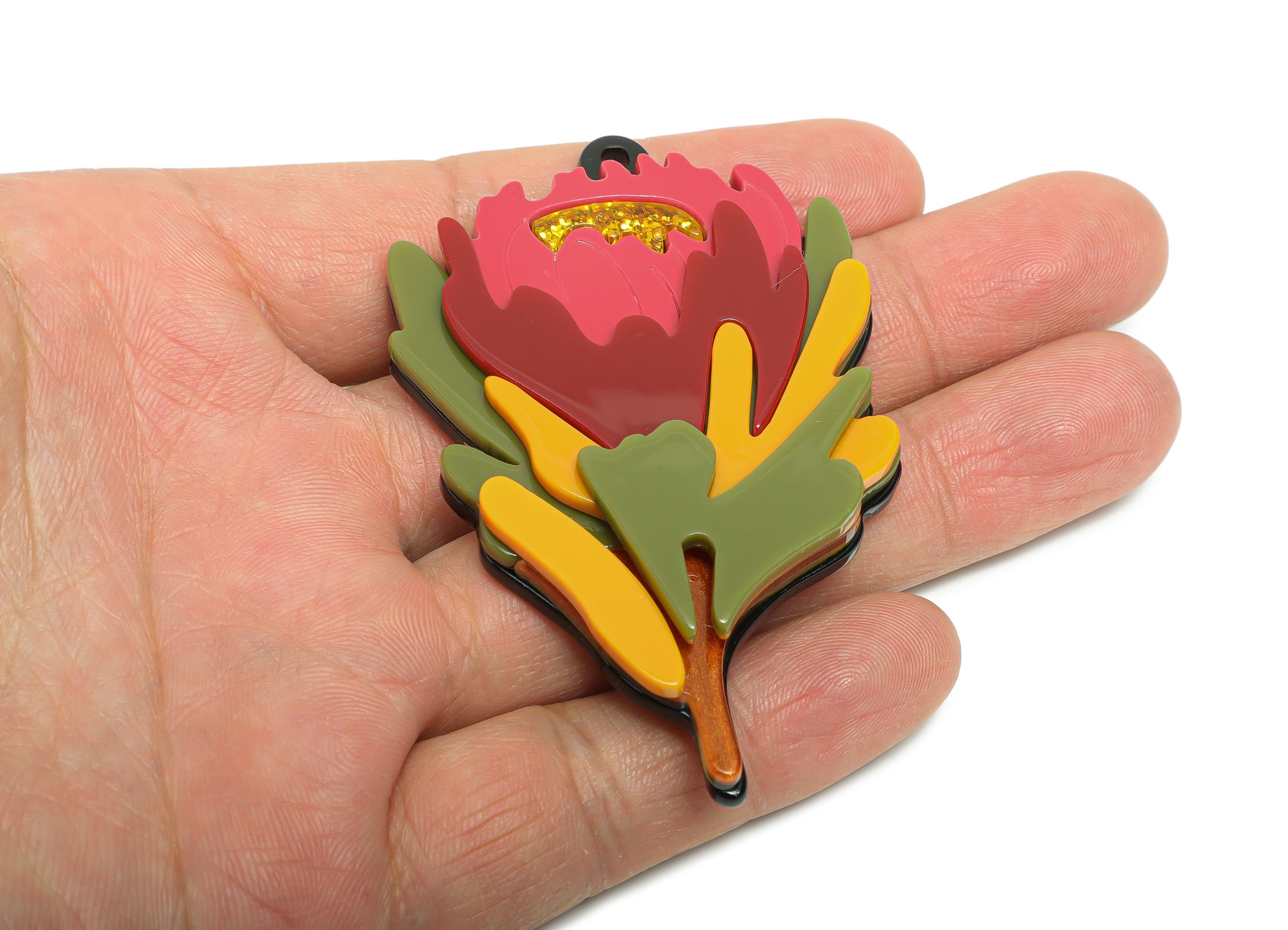 Acrylic Flower Charm - Nature Floral Pendant for Keychain - Handmade Botanical Keychain Design - DIY Making Accessory - 72x46x10mm - AC2655 - DOMEDBAZAAR