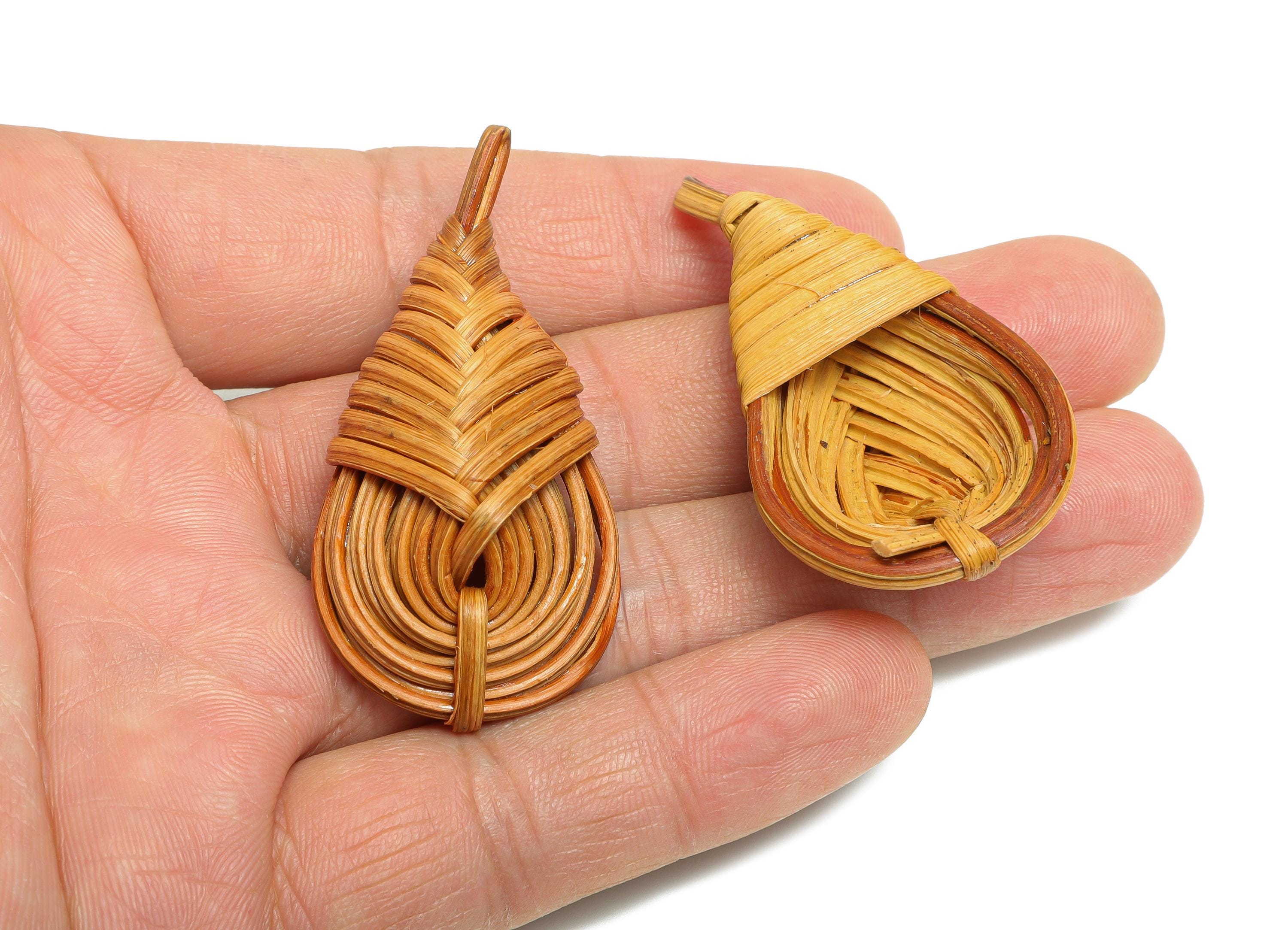 Handwoven Rattan Charms - Drop Rattan Woven Leaf Pendant - Handmade Woven Decor - Wooden Rattan Earring - Jewelry DIY - 48x22x12mm - RT1369 - DOMEDBAZAAR