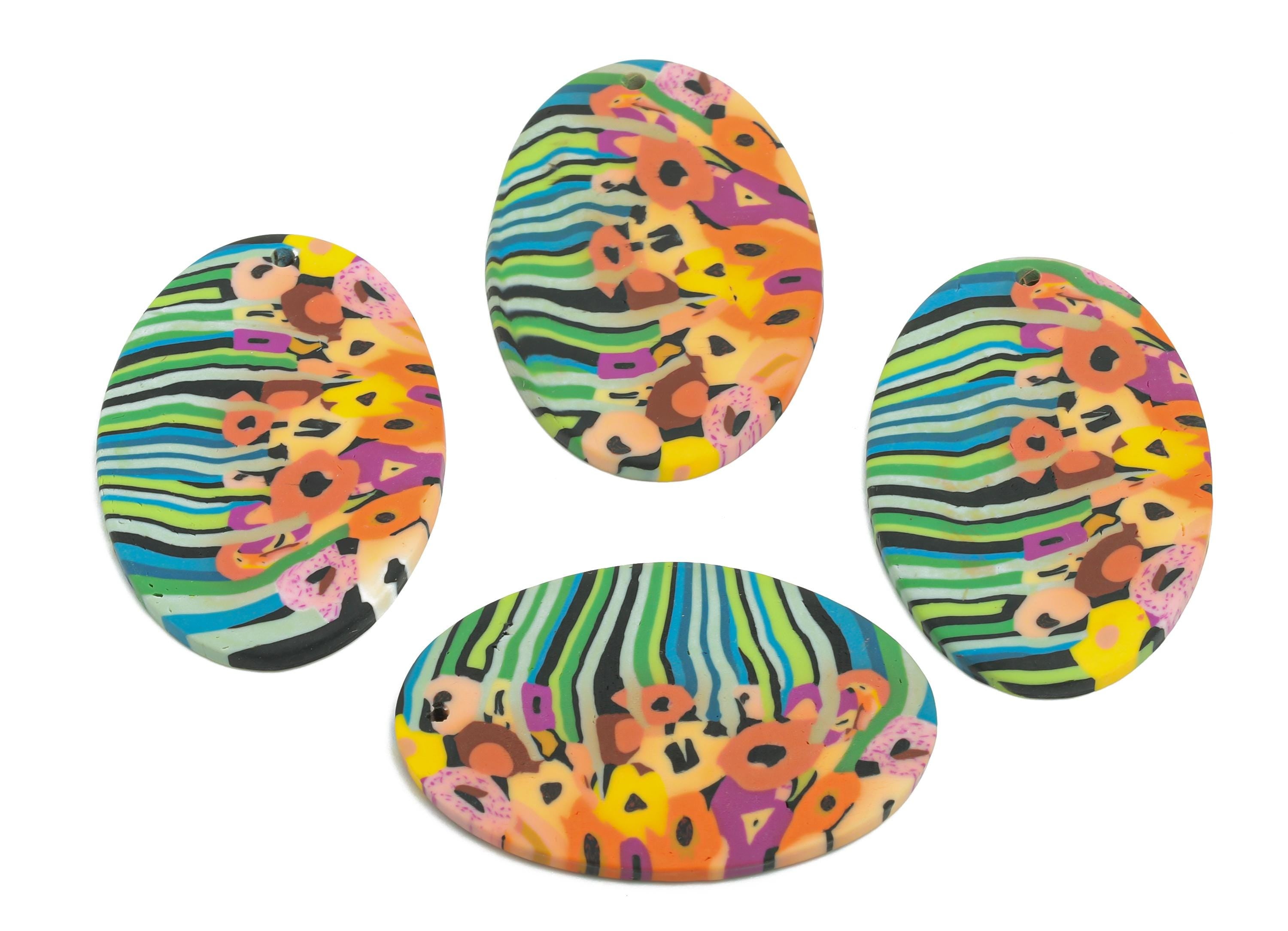 Handmade Polymer Cloy Pendant - Polymer Clay Art Jewelry - Striped Artistic Jewelry Component - Funky Rainbow Jewelry - 35x23x2mm - PC2372 - DOMEDBAZAAR
