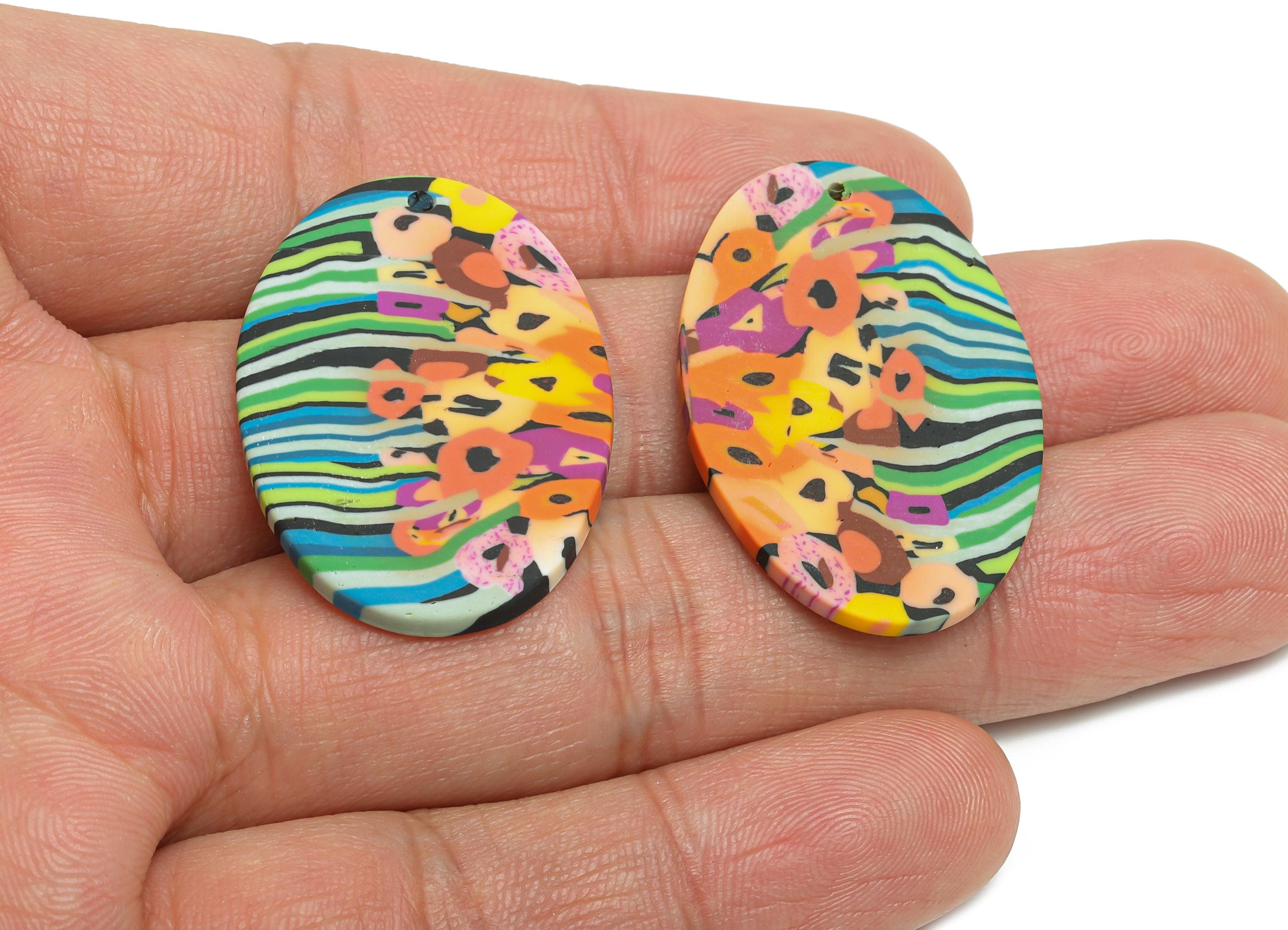 Handmade Polymer Cloy Pendant - Polymer Clay Art Jewelry - Striped Artistic Jewelry Component - Funky Rainbow Jewelry - 35x23x2mm - PC2372 - DOMEDBAZAAR