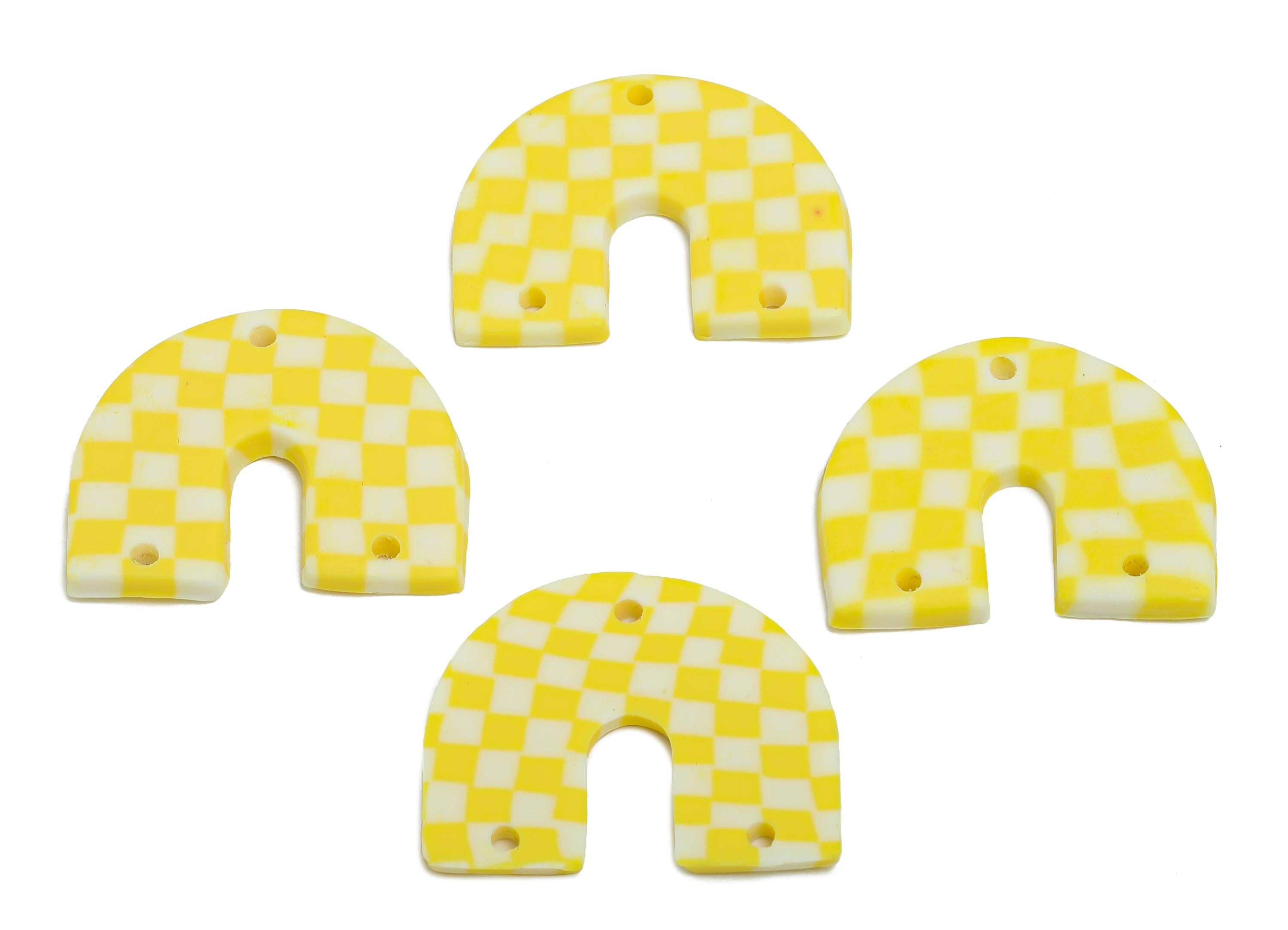 Polymer Clay Arch Charm - Handmade Checkerboard Pendant - Yellow And White Arch Jewelry Connector - Checkered Jewelry - 22x28x2mm - PC2404
