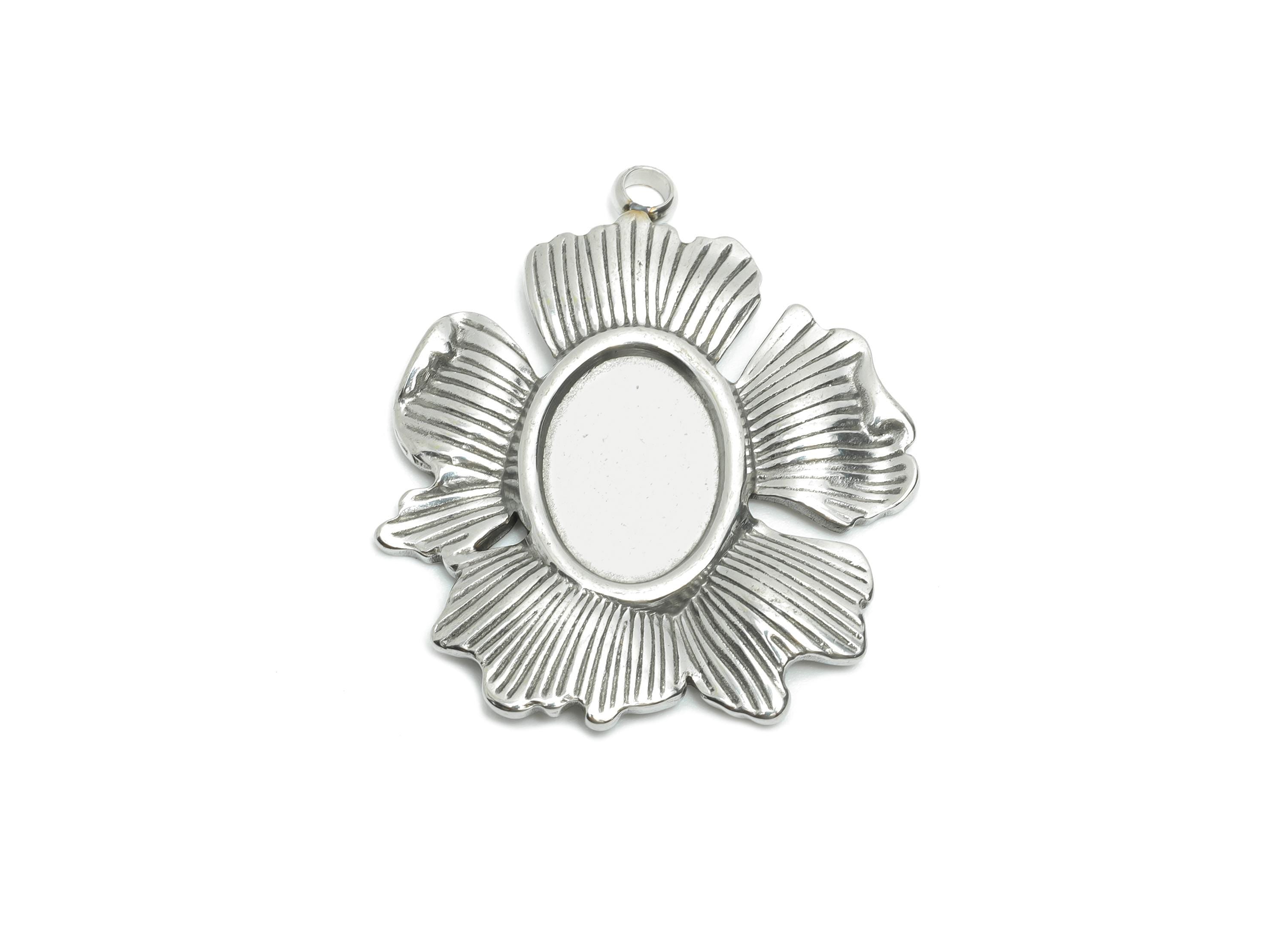 Stainless Steel Floral Pendant - Textured Silver Flower Necklace Pendant - Vintage Botanical Charm - Steel Jewelry DIY - 34x29x2mm - SS2190 - DOMEDBAZAAR