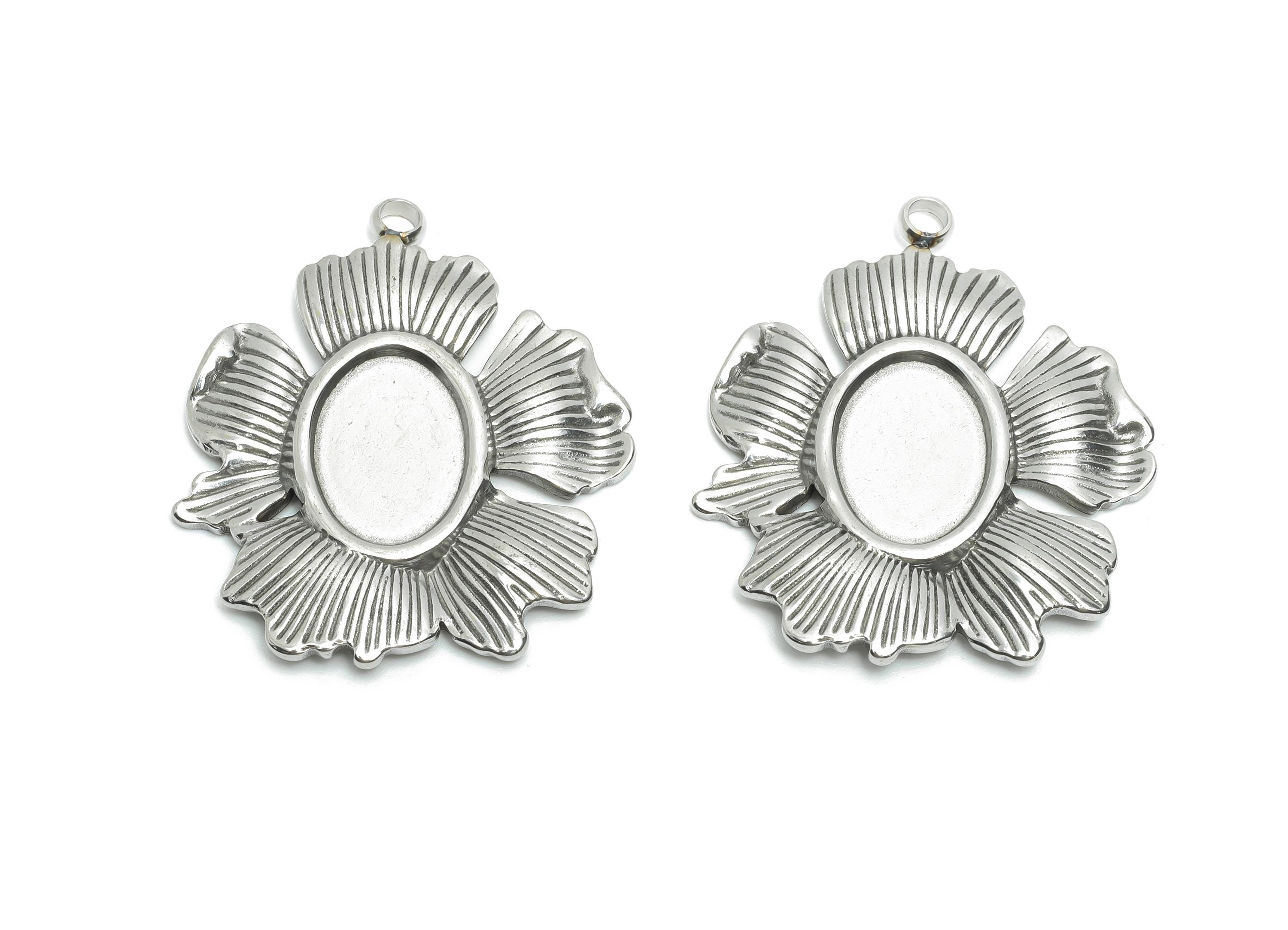 Stainless Steel Floral Pendant - Textured Silver Flower Necklace Pendant - Vintage Botanical Charm - Steel Jewelry DIY - 34x29x2mm - SS2190 - DOMEDBAZAAR