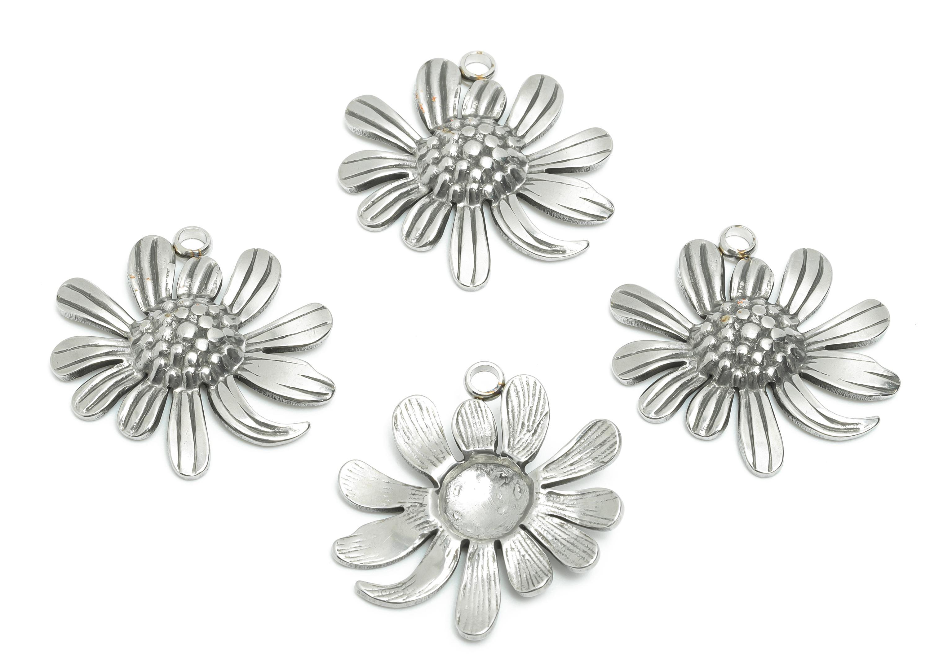 Steel Daisy Pendant - Handmade Silver Flower Necklace Pendant - Statement Botanical Floral Pendant - Steel Jewelry DIY - 23x26x3mm - SS2202 - DOMEDBAZAAR