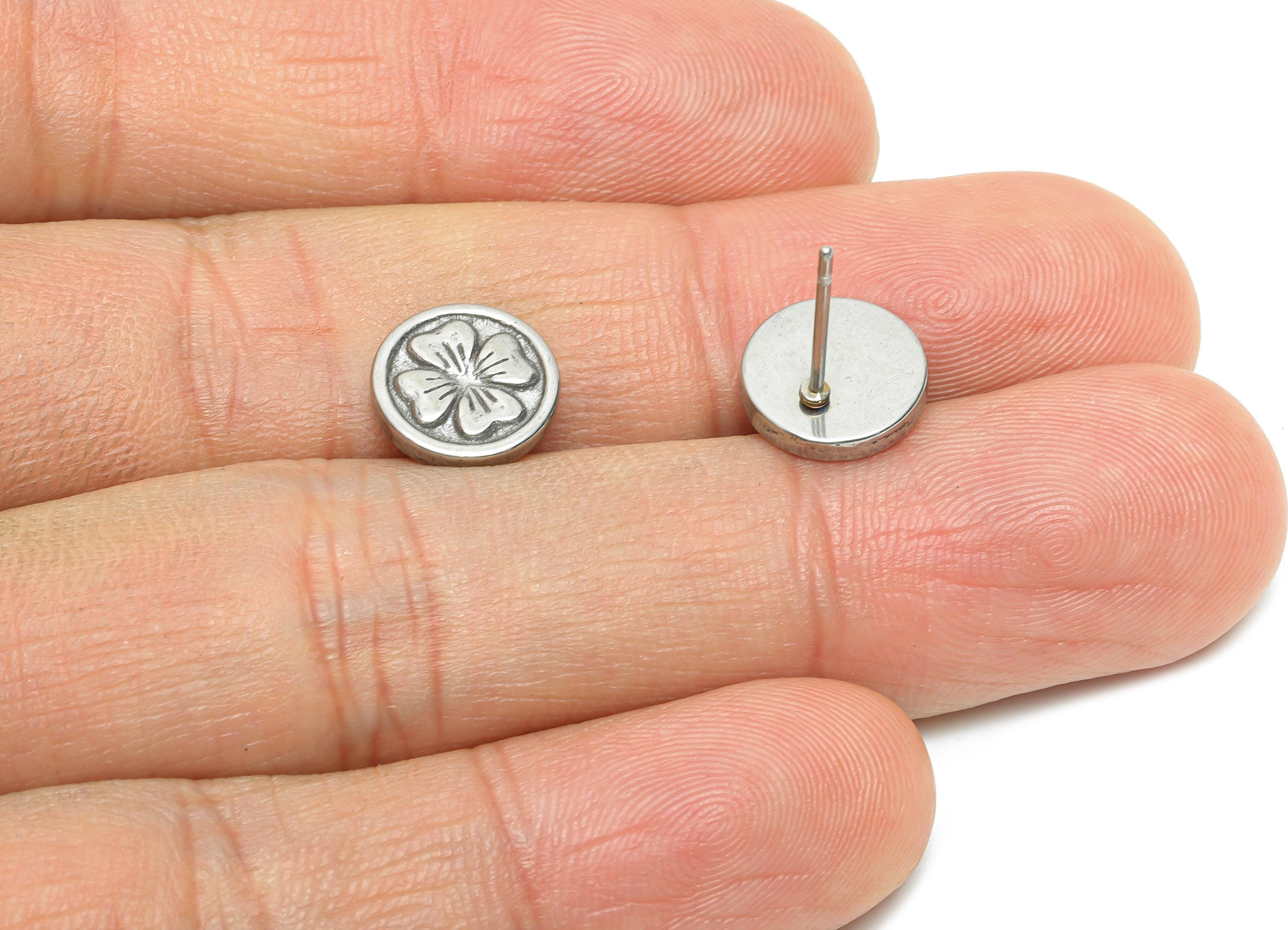 Steel Four-Leaf Clover Studs - Round Silver Leaf Earring Post - Minimalist Lucky Charm Earring Stud - Earring Finding - 10x10x2.7mm - SS2154 - DOMEDBAZAAR