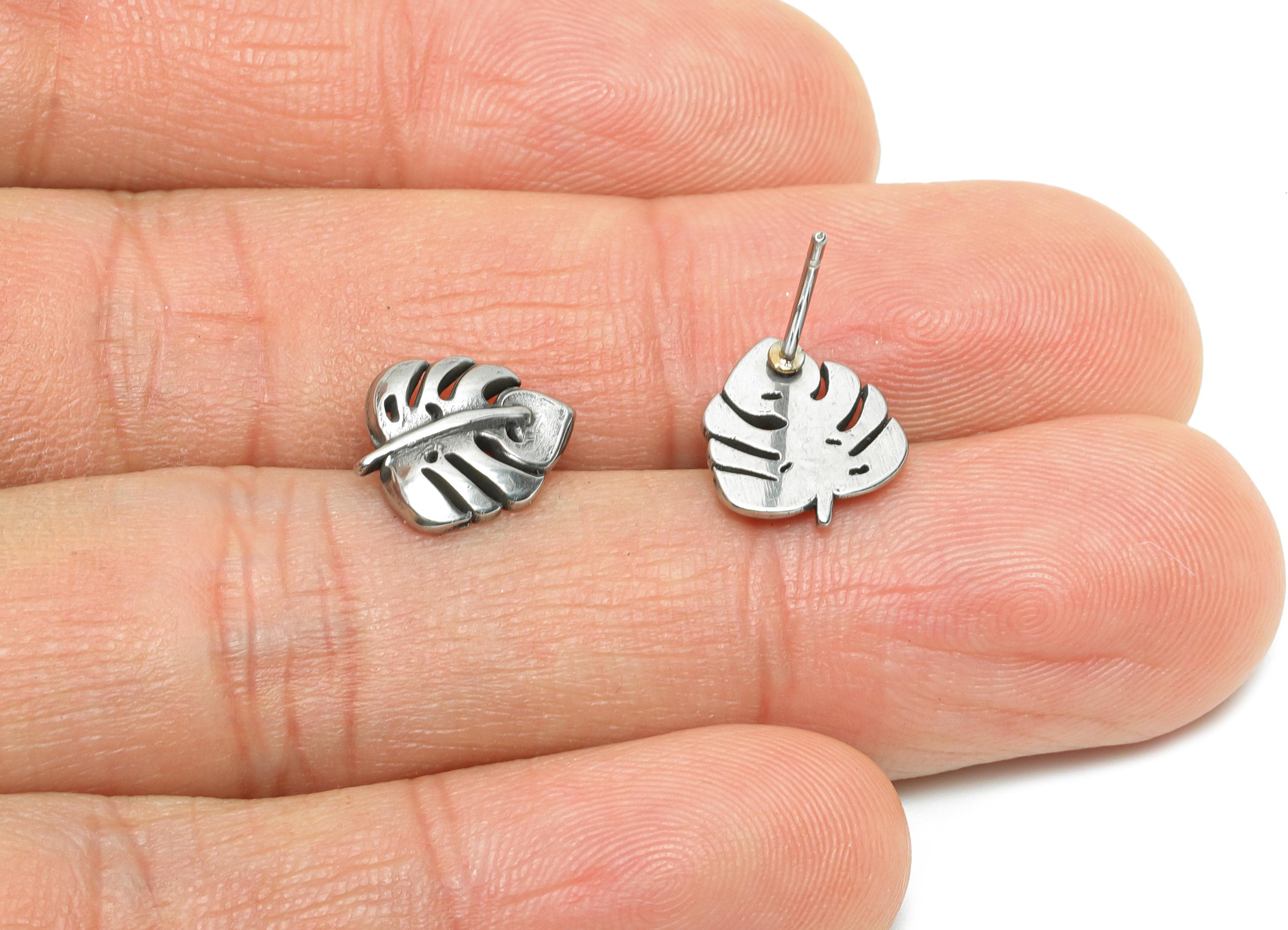 Stainless Steel Monstera Stud - Silver Botanical Leaf Earring Post - Dainty Plant Earring - Spring Bloom Jewelry - 11.78x10x1.75mm - SS2172 - DOMEDBAZAAR
