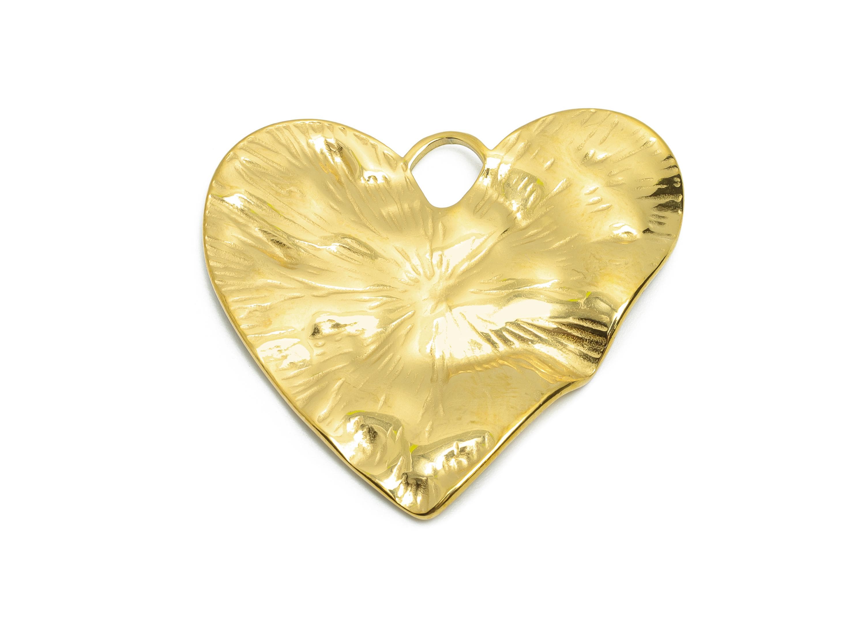 Gold Steel Heart Pendant - Hammered Modern Heart Necklace Pendant - Abstract Heart Jewelry Design - Gold Tone Plated - 33x35x2mm - SS2055G - DOMEDBAZAAR